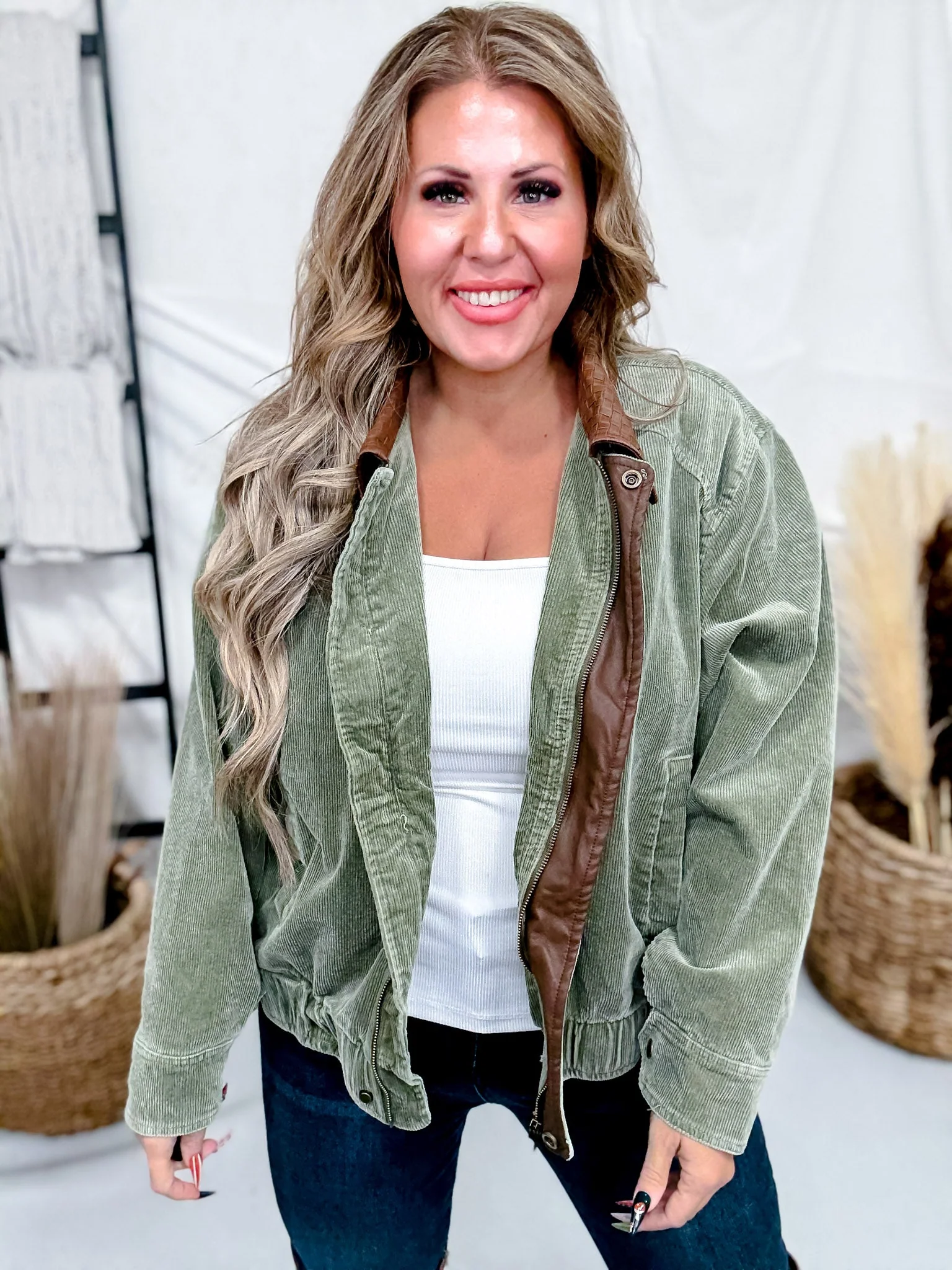 Mineral Washed Olive Corduroy Jacket With Faux Leather Collar FINAL SALE - Image 6