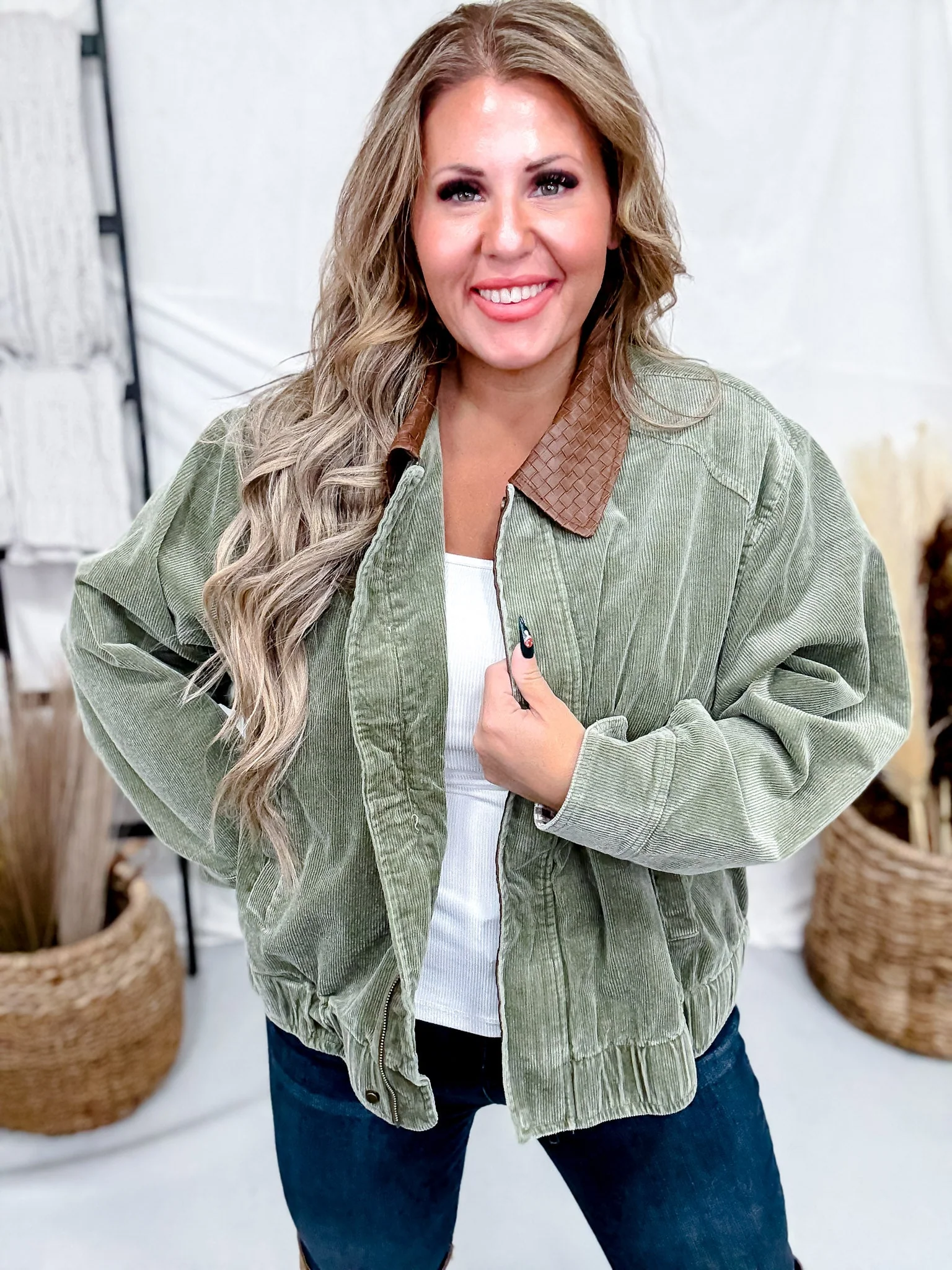 Mineral Washed Olive Corduroy Jacket With Faux Leather Collar FINAL SALE - Image 7