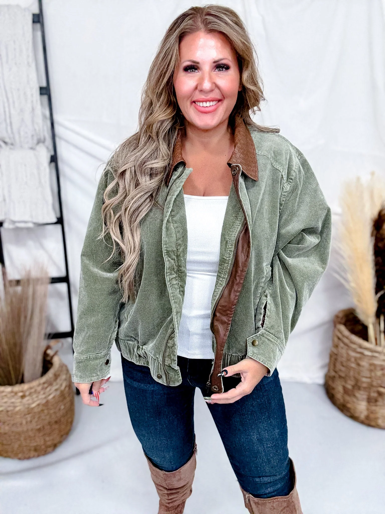 Mineral Washed Olive Corduroy Jacket With Faux Leather Collar FINAL SALE - Image 8