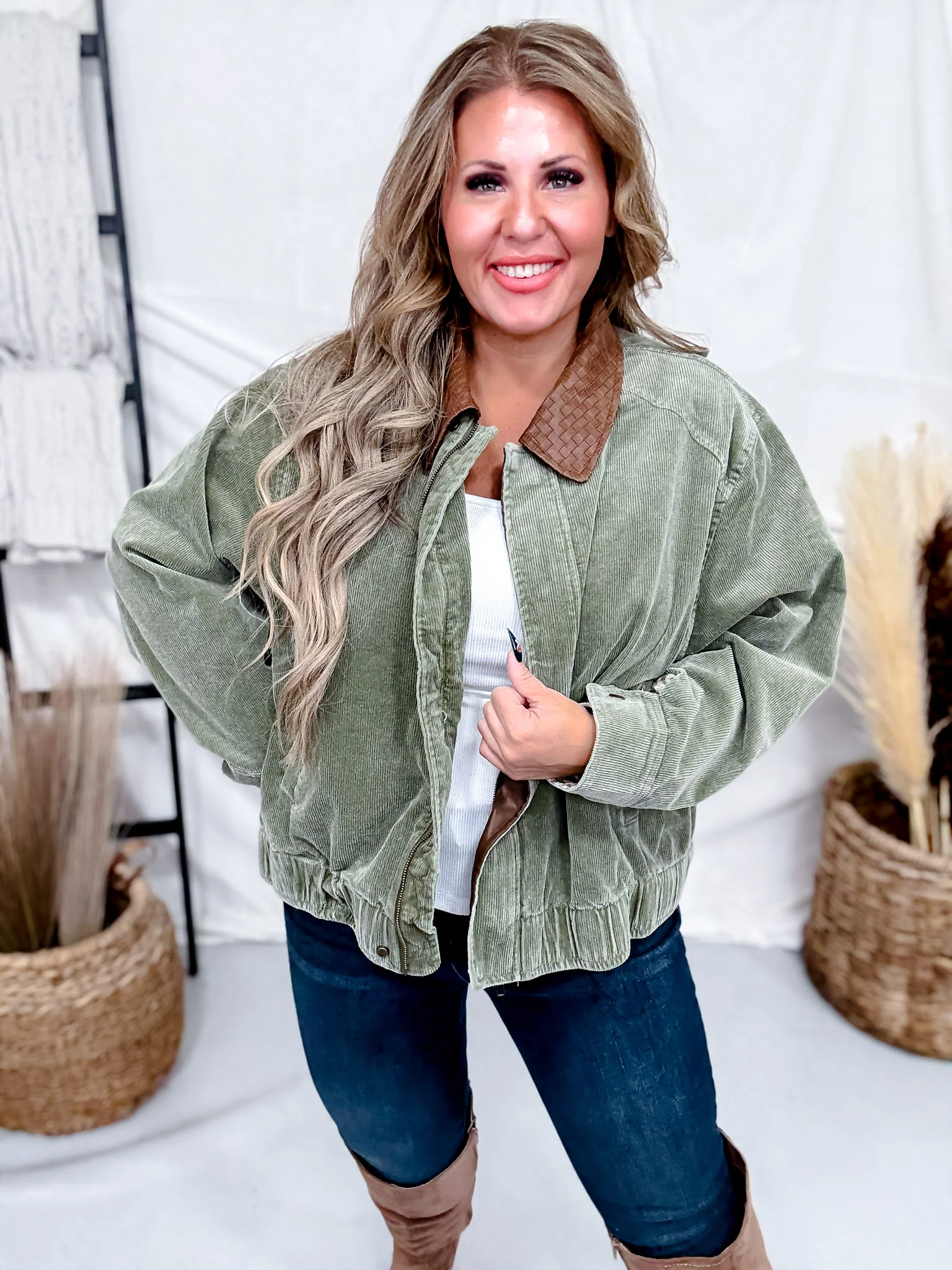 Mineral Washed Olive Corduroy Jacket With Faux Leather Collar FINAL SALE - Image 9