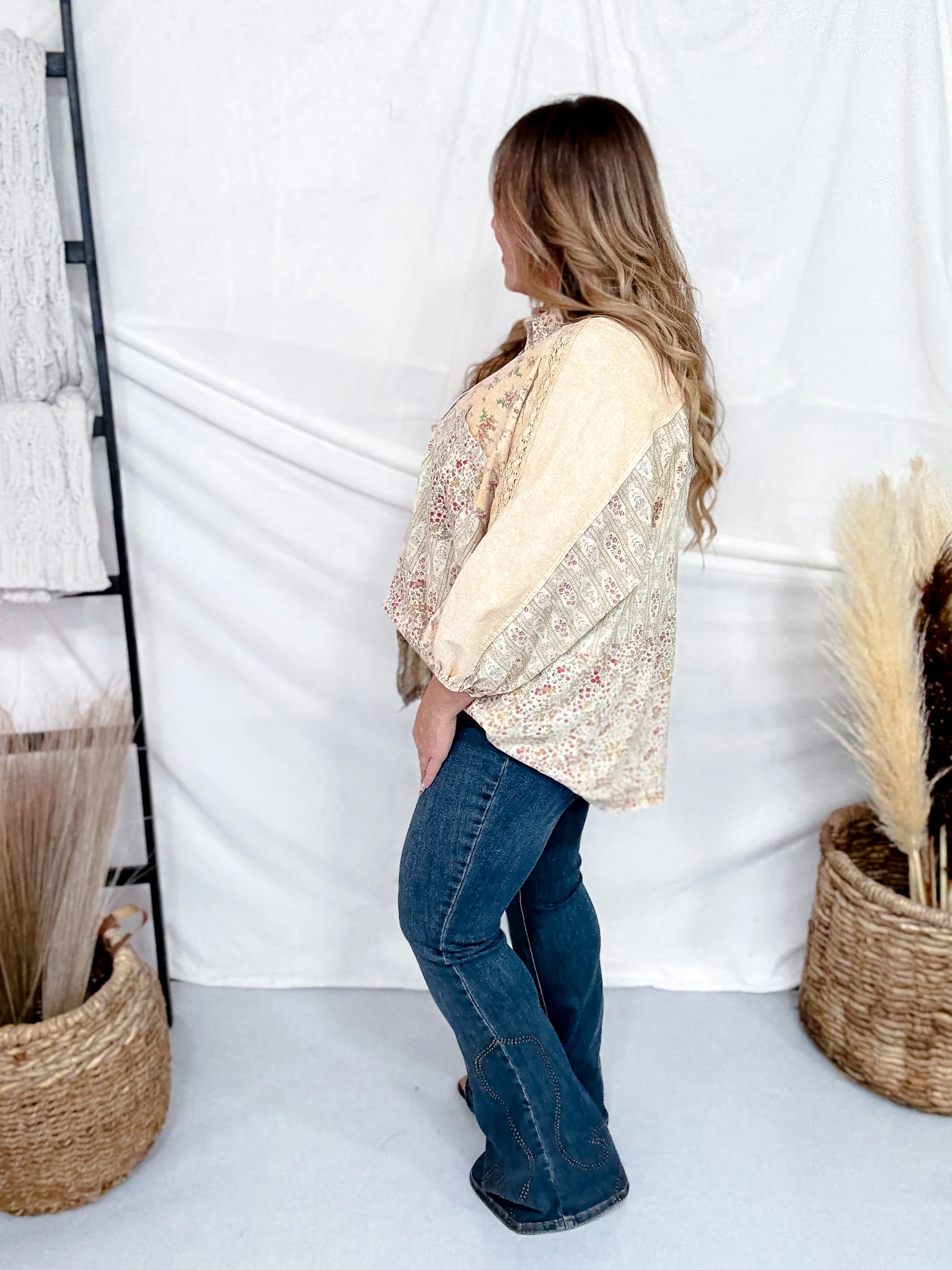Mineral Washed Patchwork Floral Print Button Down Top In Straw FINAL SALE - Image 6