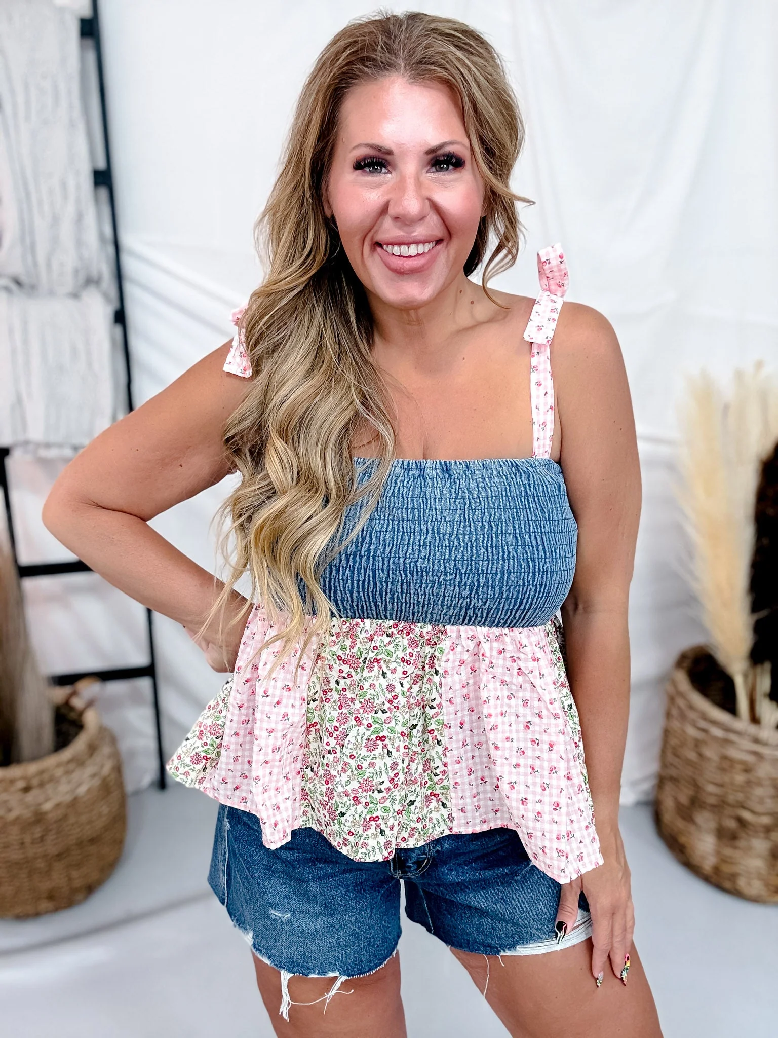 Mixed Floral Print Babydoll Top With Smocked Bodice & Tie Straps - Image 3