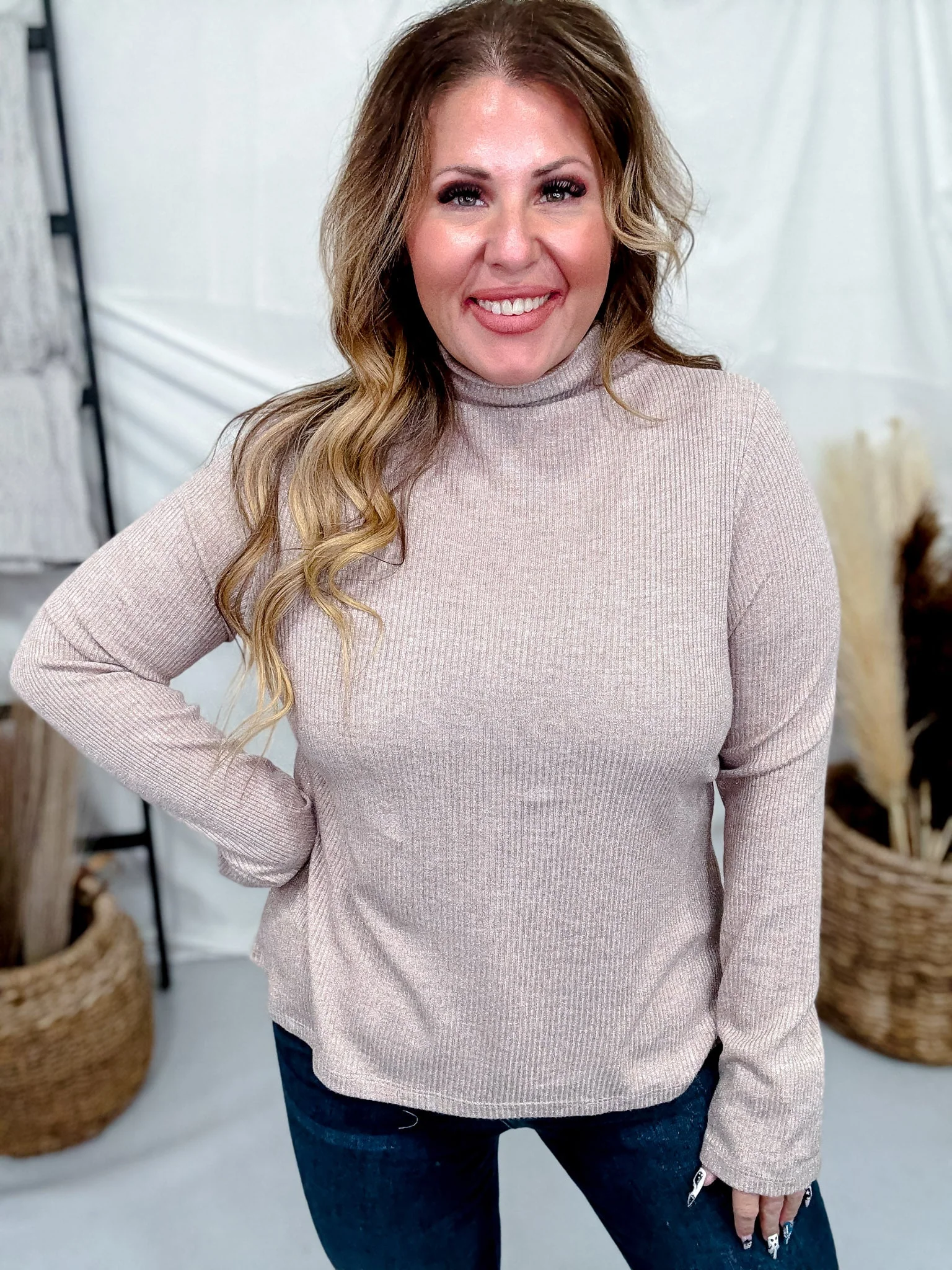 Mocha Shimmer Mock Neck Sweater With Long Sleeves FINAL SALE - Image 4