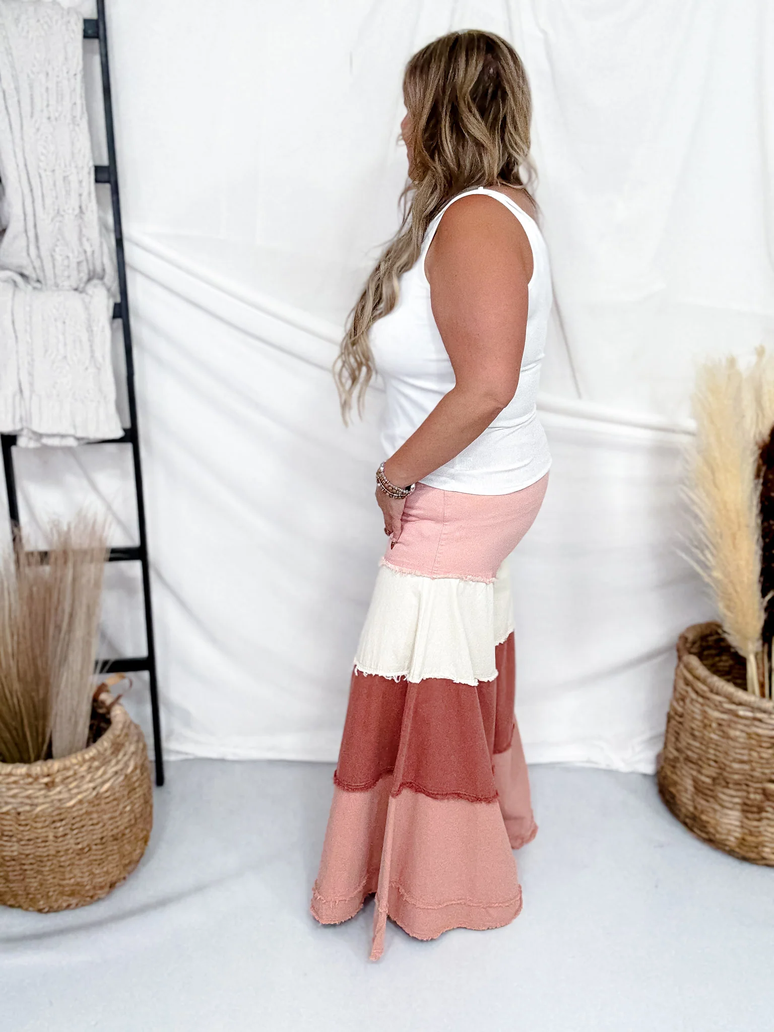 Multi Dusty Rose & Coral Denim Wide Leg Pants FINAL SALE - Image 5