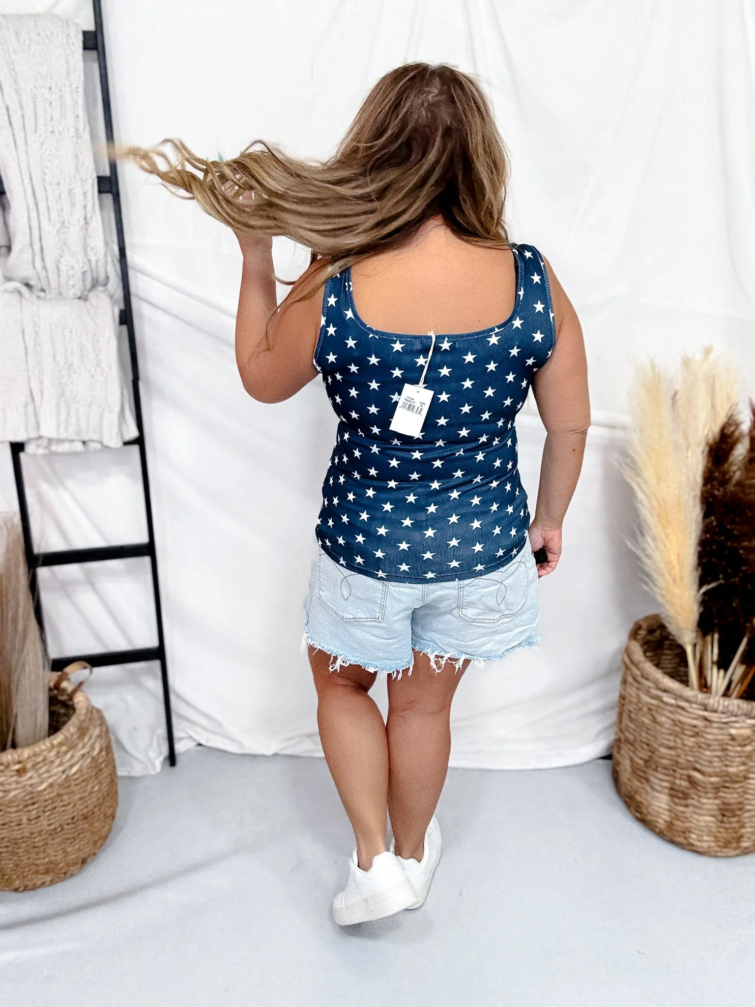 Navy Blue Star Print Square Neck Tank Top FINAL SALE - Image 6