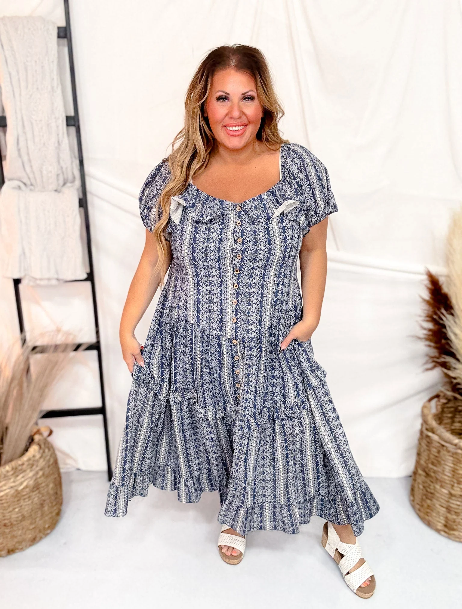 Navy Button Front Balloon Sleeve Dress FINAL SALE - Image 2