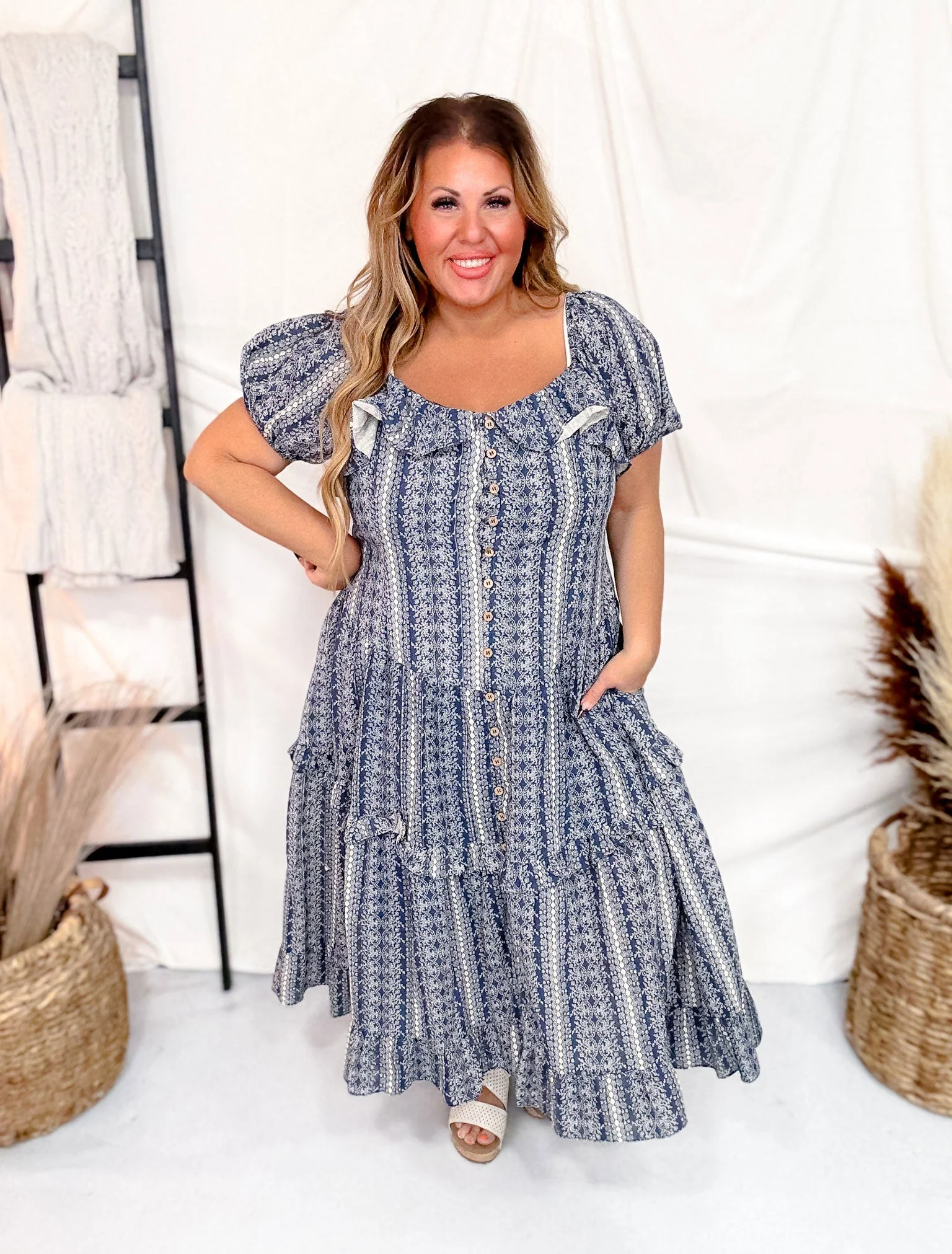 Navy Button Front Balloon Sleeve Dress FINAL SALE - Image 3