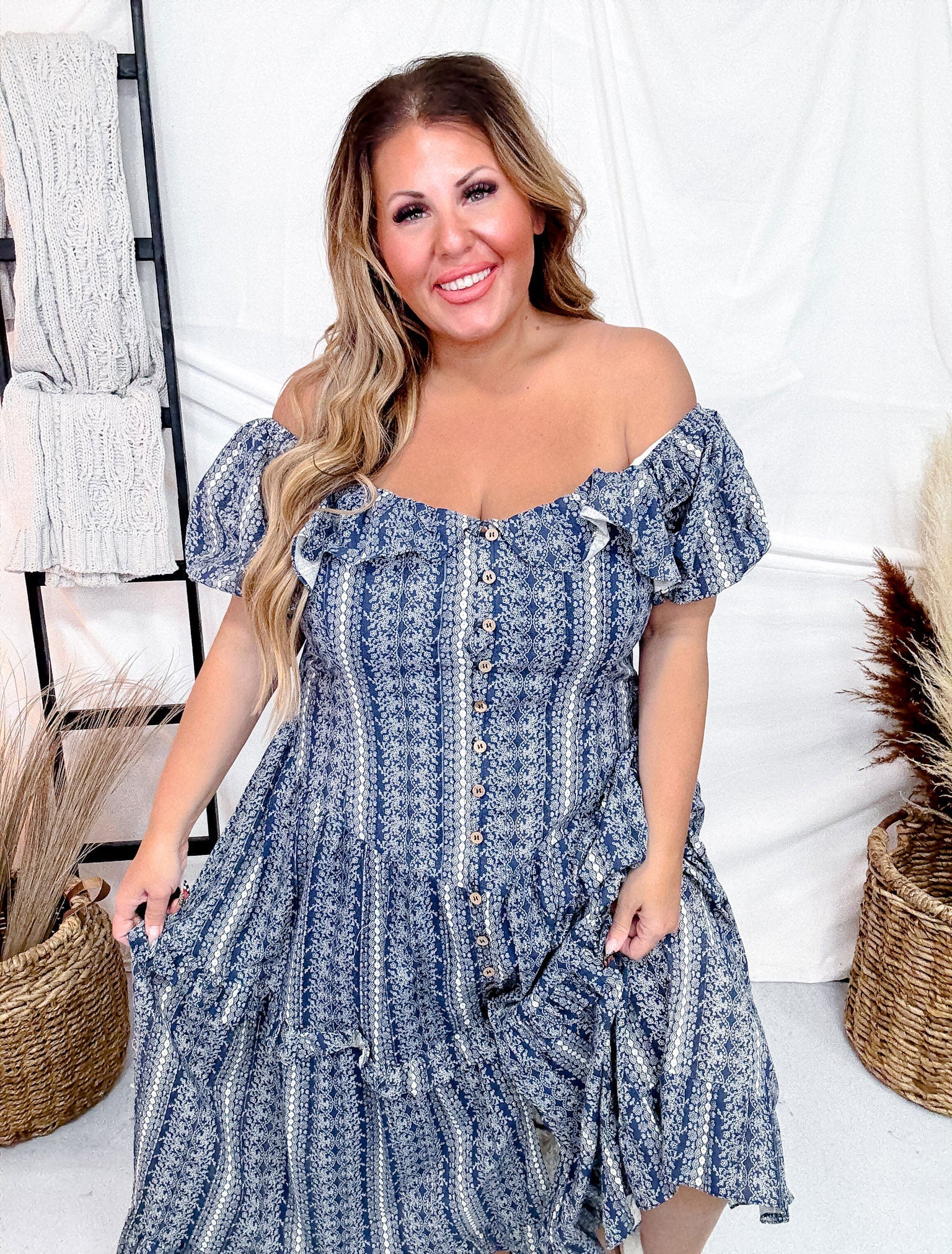 Navy Button Front Balloon Sleeve Dress FINAL SALE - Image 4