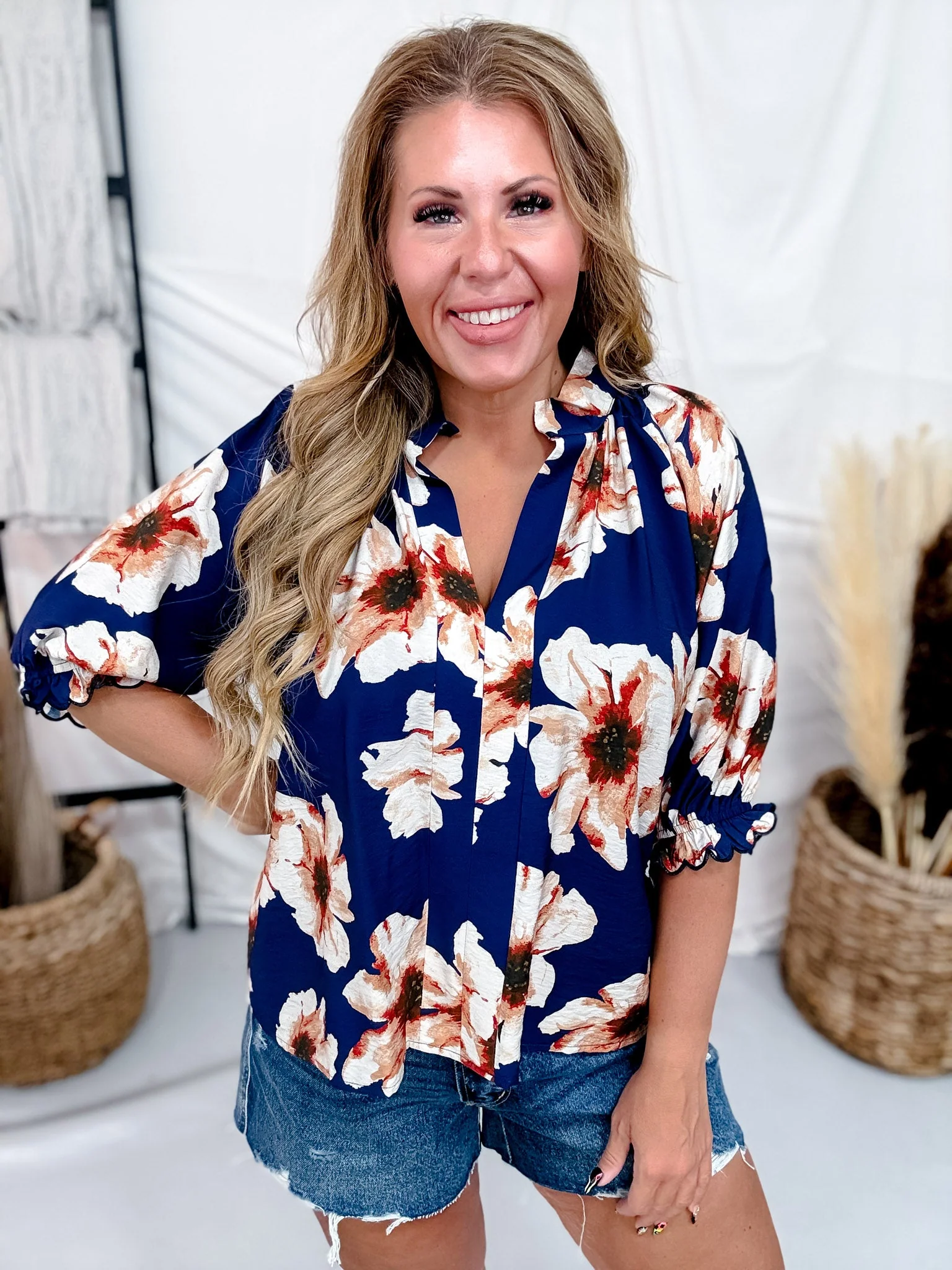 Navy & Cream Floral Print Split V-Neck Blouse - Image 8