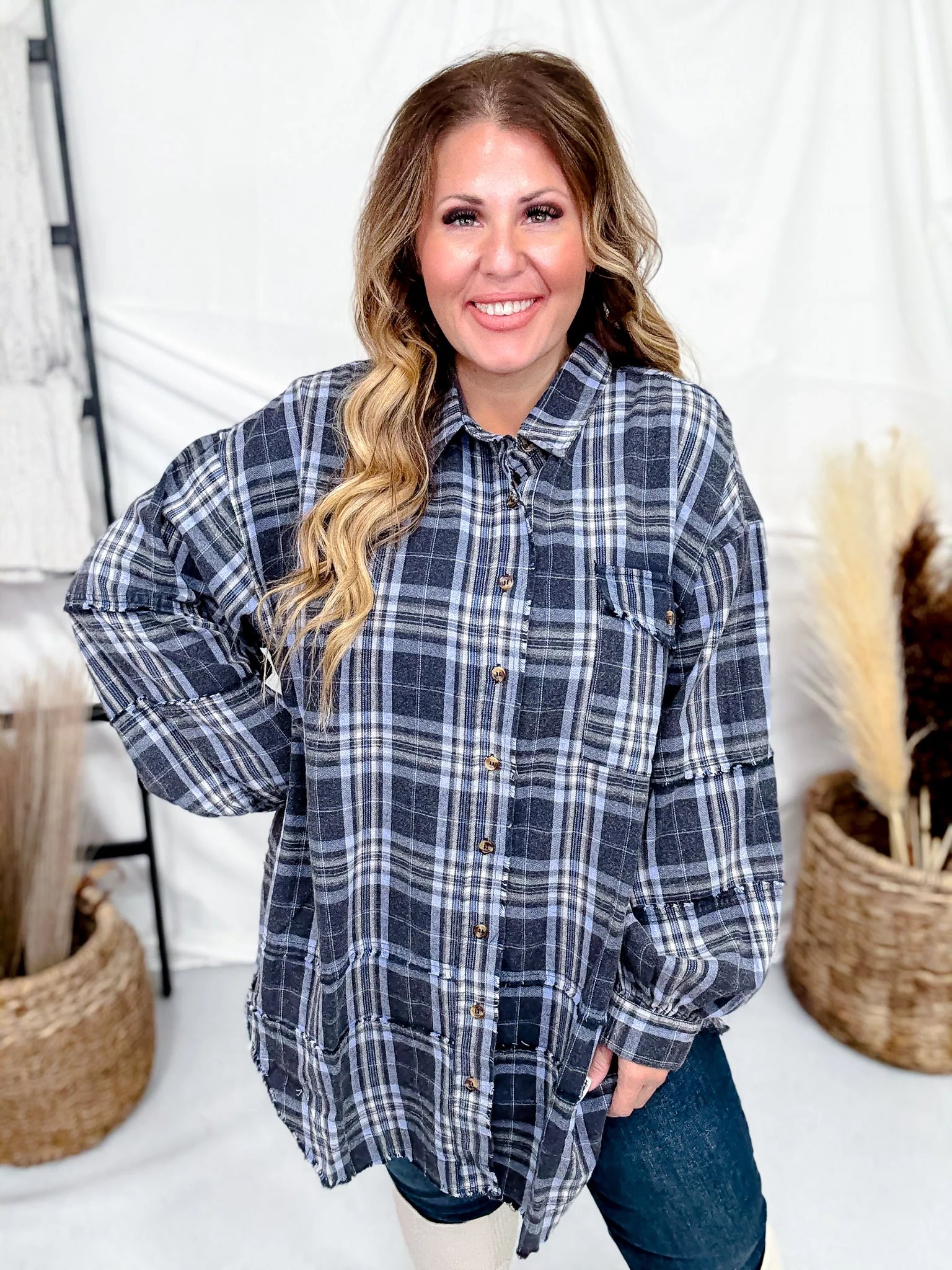 Navy Plaid Mineral Washed Flannel With Curved Hem FINAL SALE - Image 3