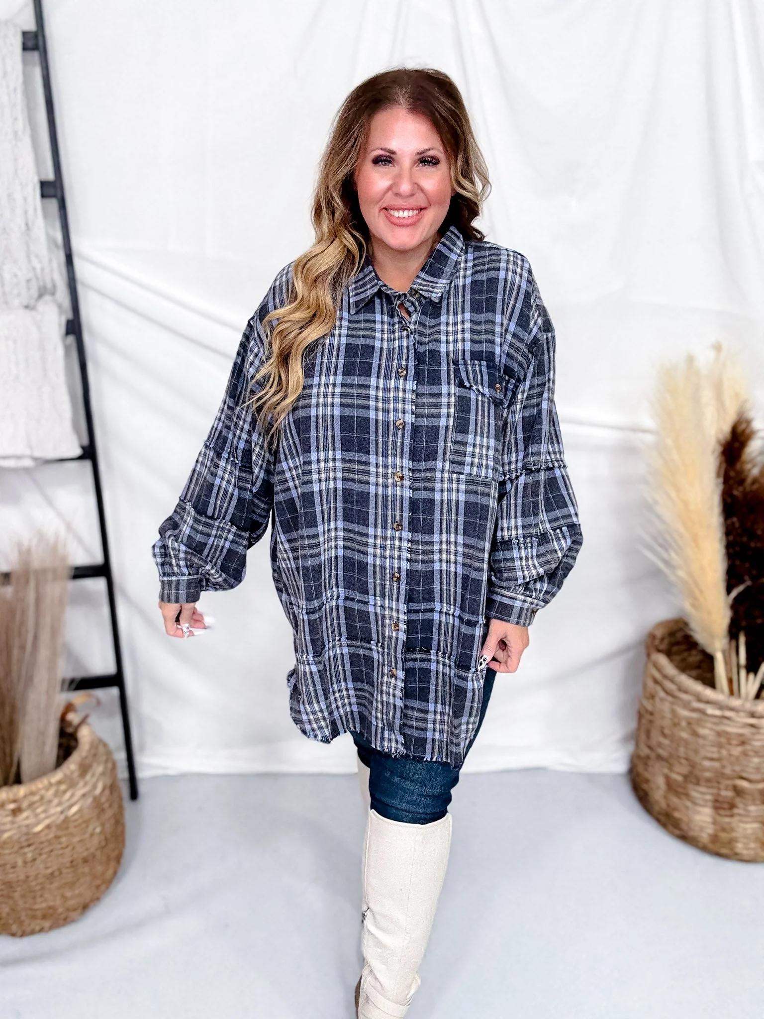 Navy Plaid Mineral Washed Flannel With Curved Hem FINAL SALE - Image 4