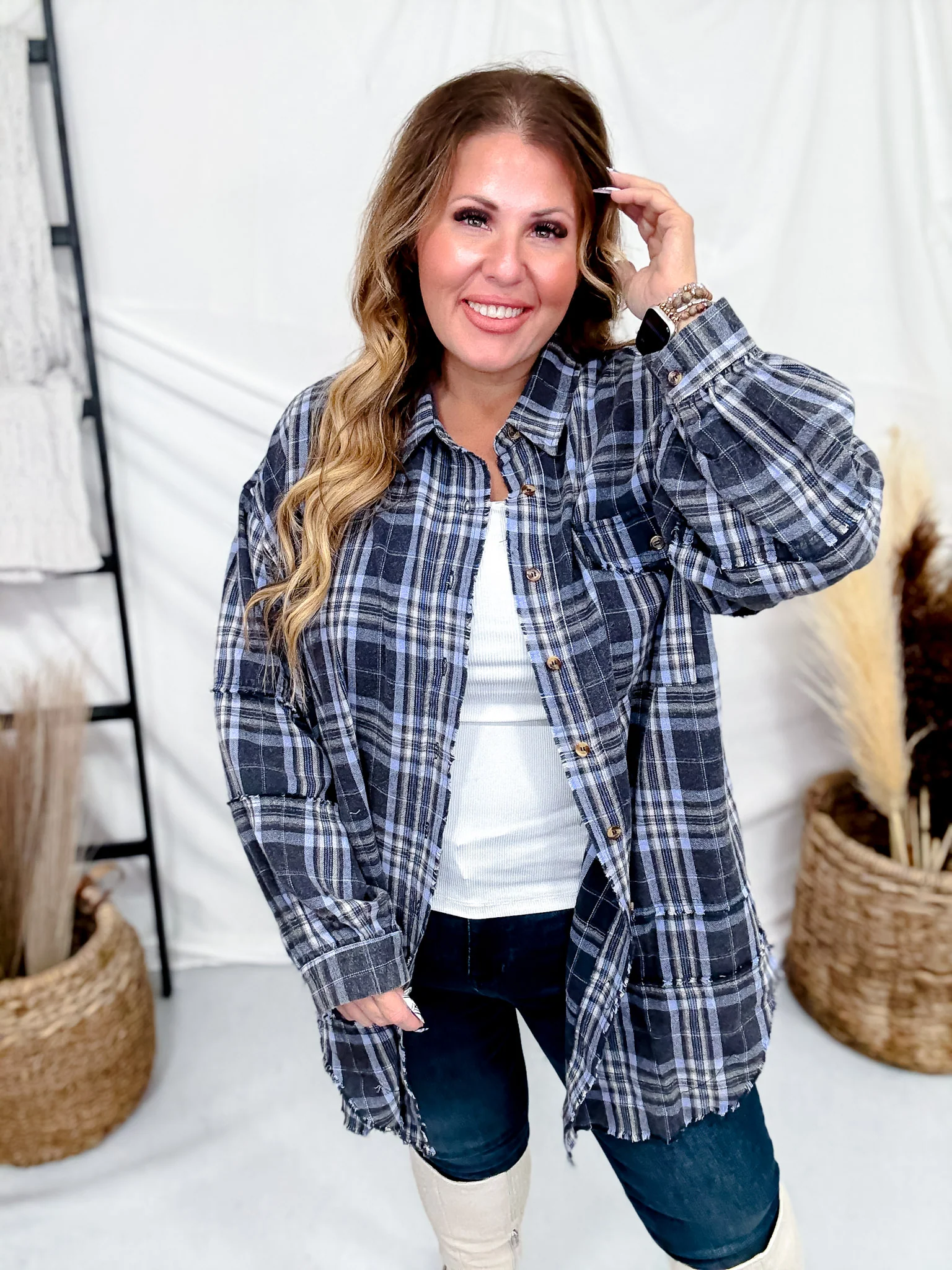 Navy Plaid Mineral Washed Flannel With Curved Hem FINAL SALE - Image 5