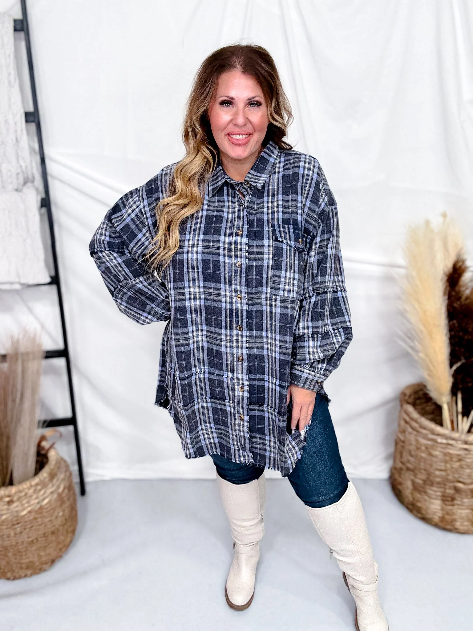 Navy Plaid Mineral Washed Flannel With Curved Hem FINAL SALE - Image 6