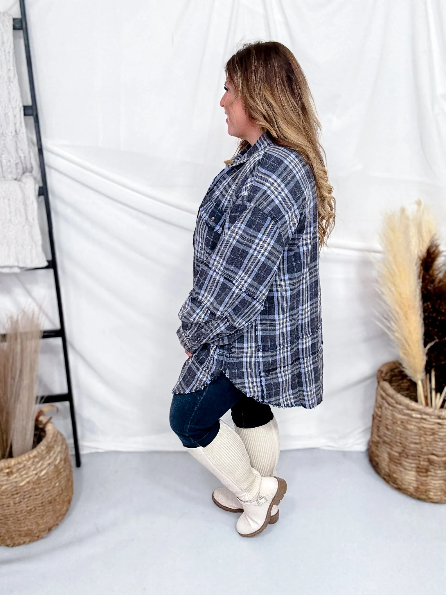 Navy Plaid Mineral Washed Flannel With Curved Hem FINAL SALE - Image 7