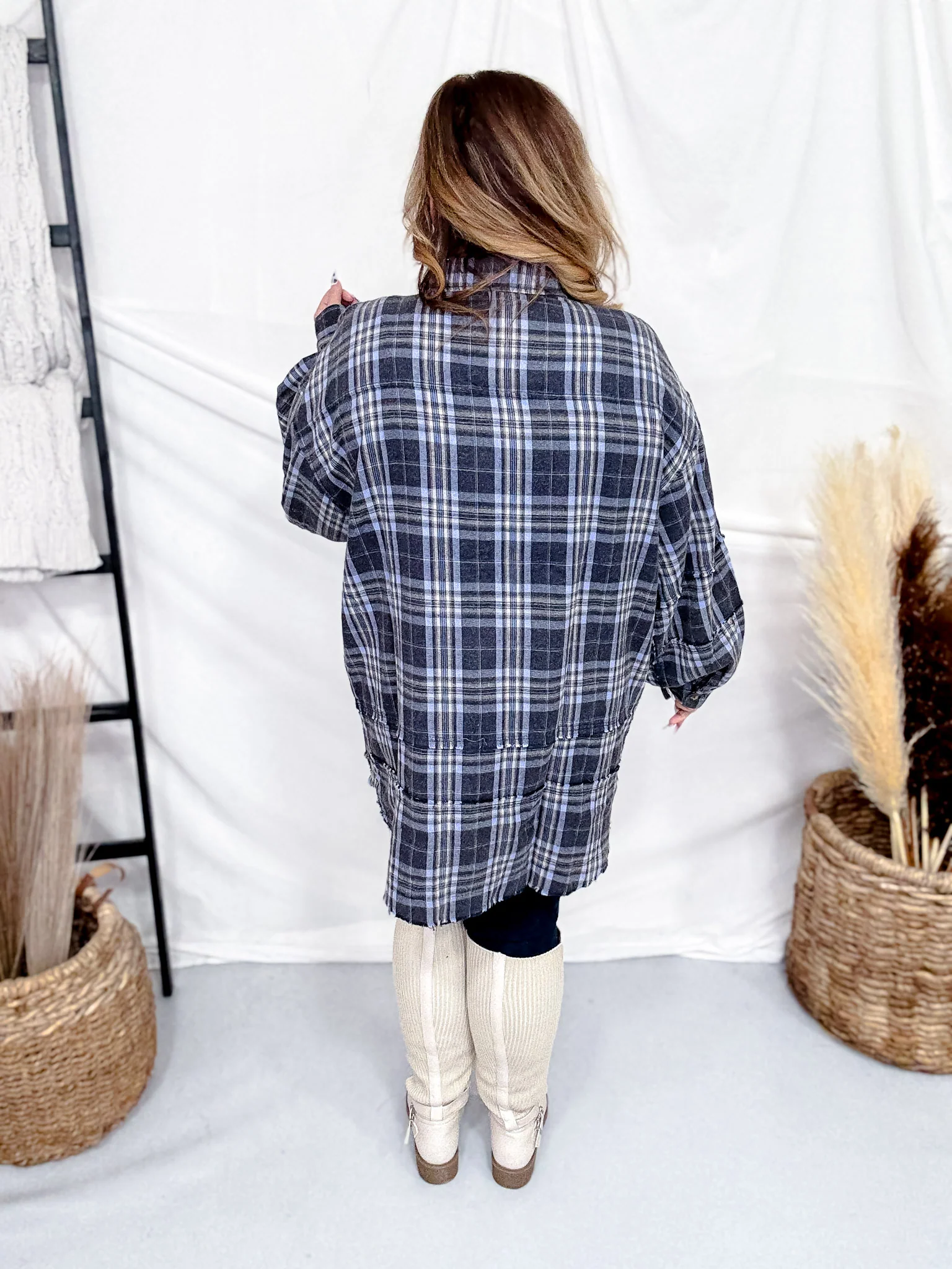 Navy Plaid Mineral Washed Flannel With Curved Hem FINAL SALE - Image 8