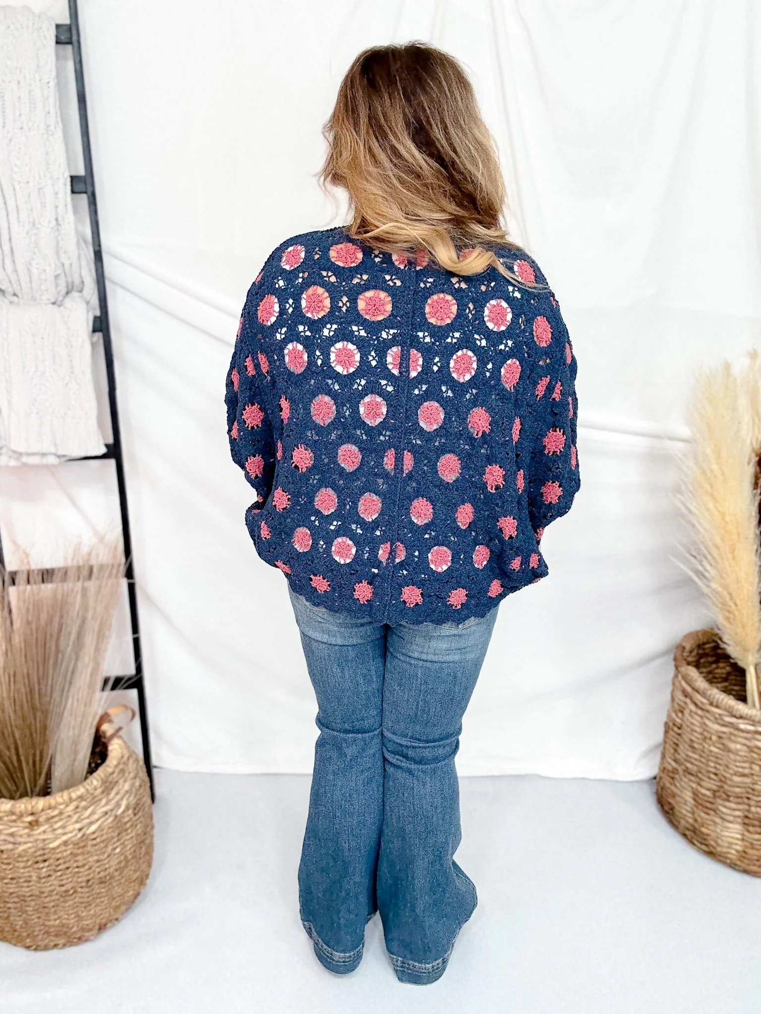 Navy & Rouge Long Sleeve Open Knit Cardigan FINAL SALE - Image 6