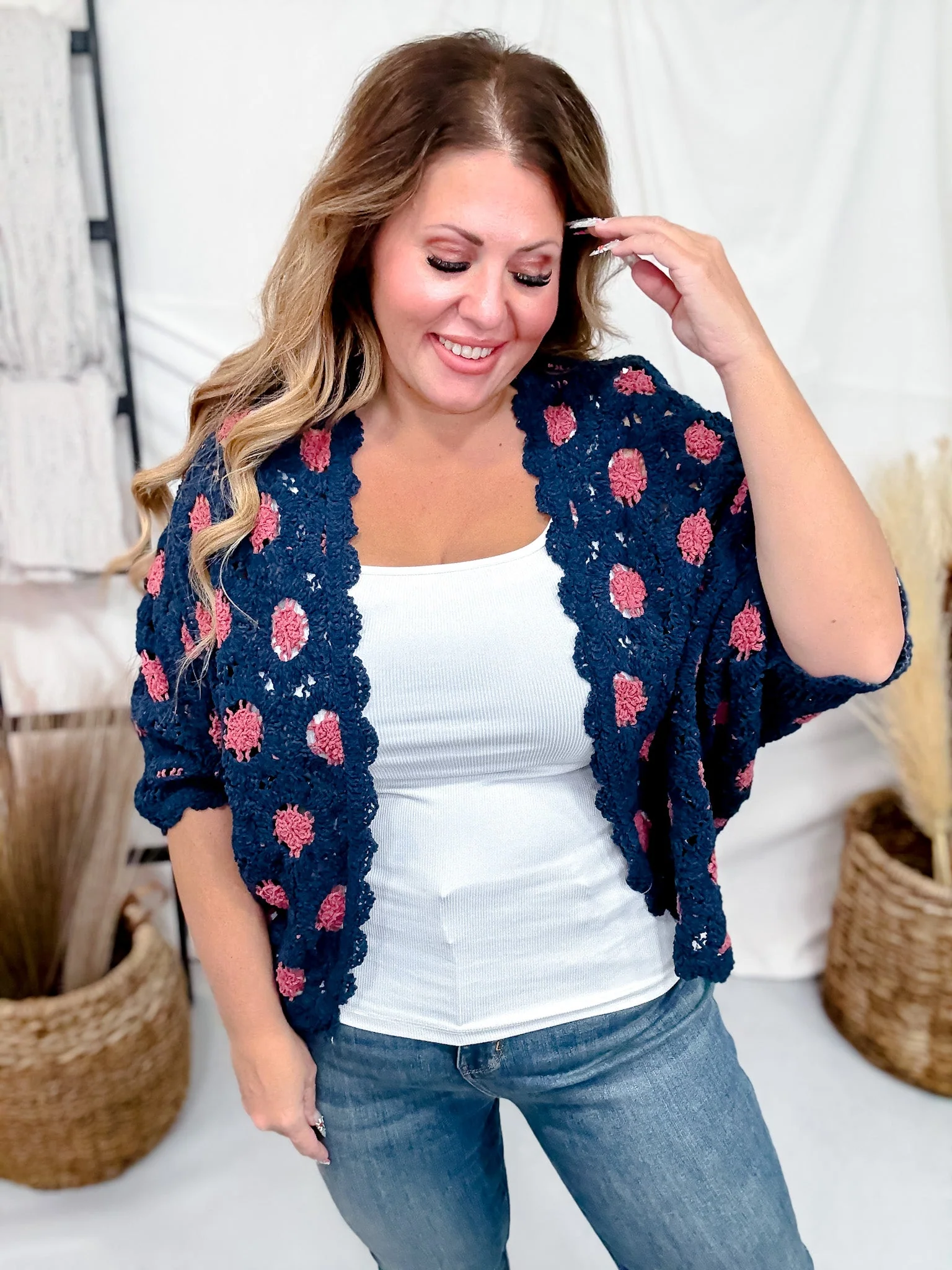 Navy & Rouge Long Sleeve Open Knit Cardigan FINAL SALE - Image 7