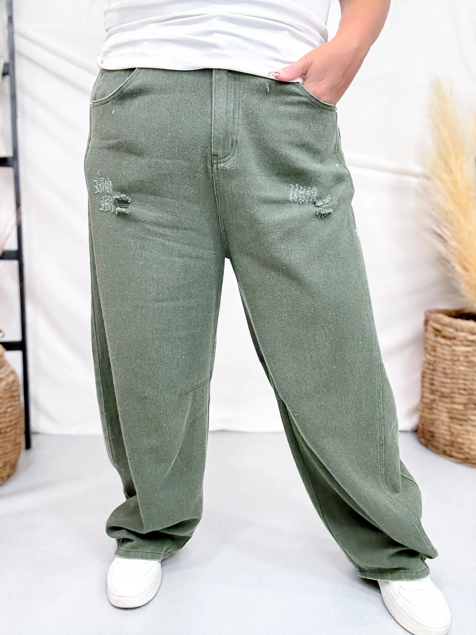Olive Acid Washed Barrel Leg Denim Pants FINAL SALE - Image 3