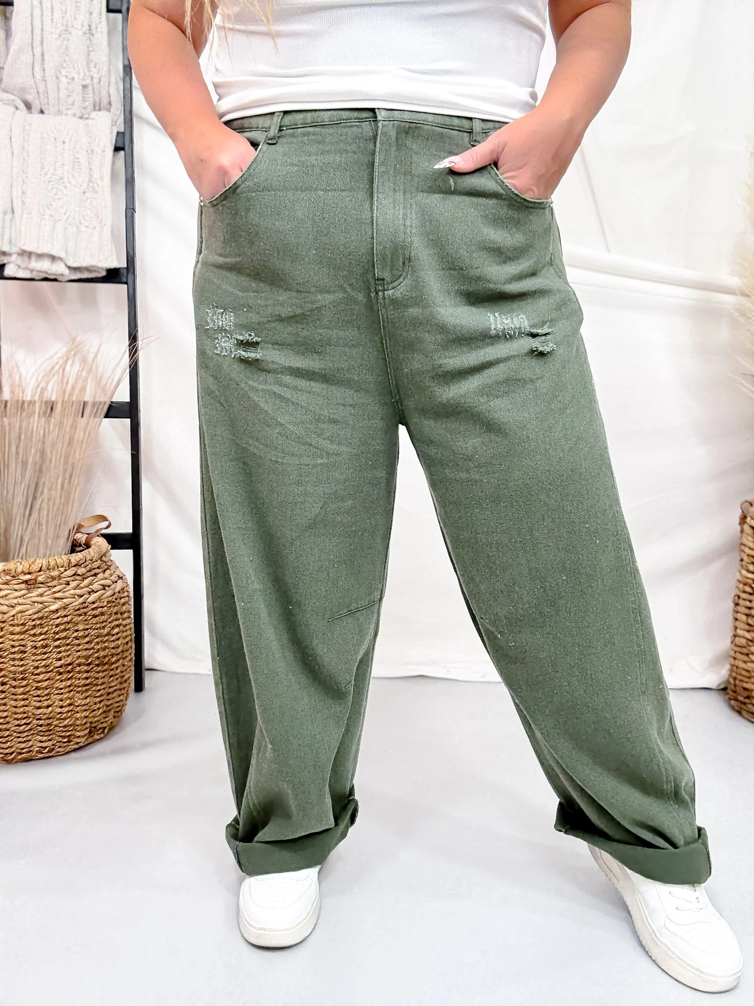 Olive Acid Washed Barrel Leg Denim Pants FINAL SALE - Image 5