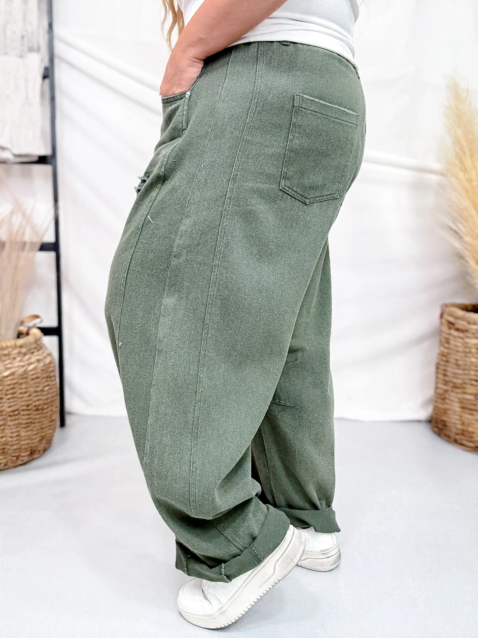 Olive Acid Washed Barrel Leg Denim Pants FINAL SALE - Image 7