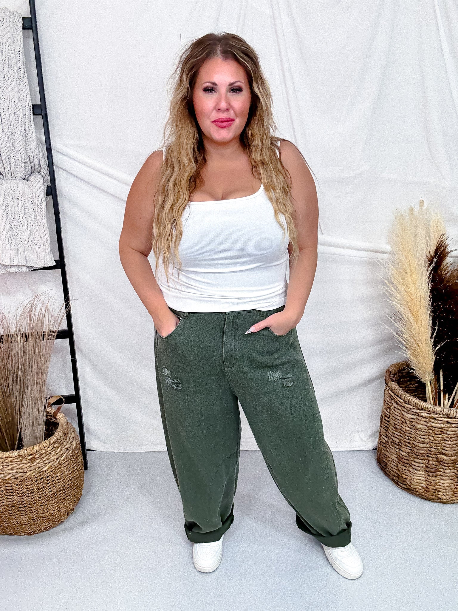 Olive Acid Washed Barrel Leg Denim Pants FINAL SALE - Image 8
