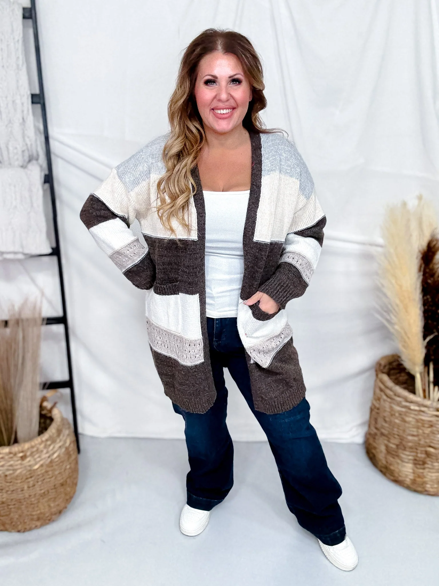 Open Front Coffee Striped Knit Cardigan FINAL SALE - Image 2