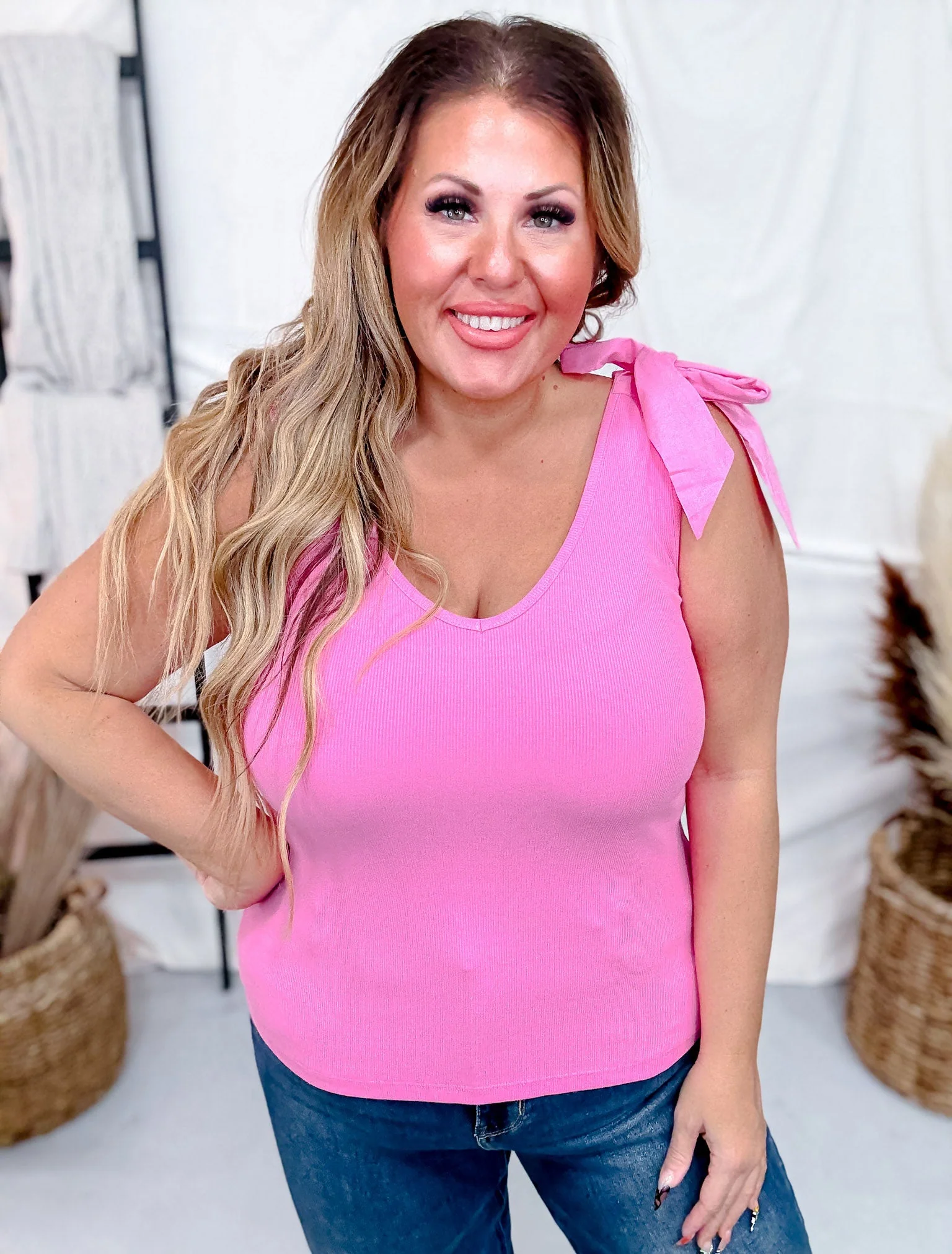 Pink Ribbed Shoulder Tie Tank Top FINAL SALE - Image 7