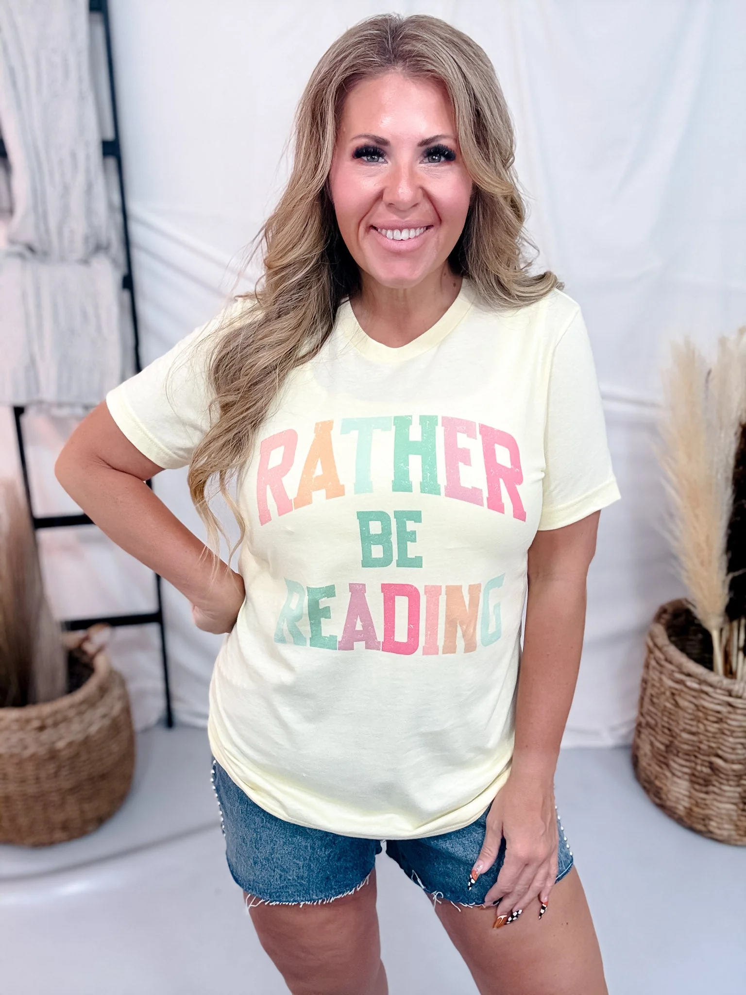 "Rather Be Reading" Pale Yellow Graphic Tee - Image 2
