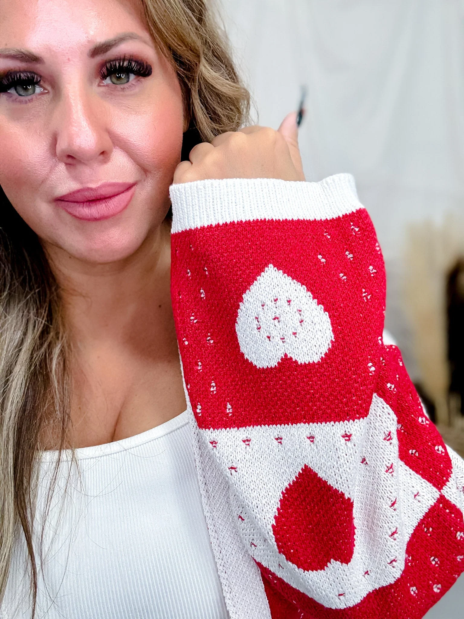 Red & White Checkerboard Heart Sweater Cardigan FINAL SALE - Image 4