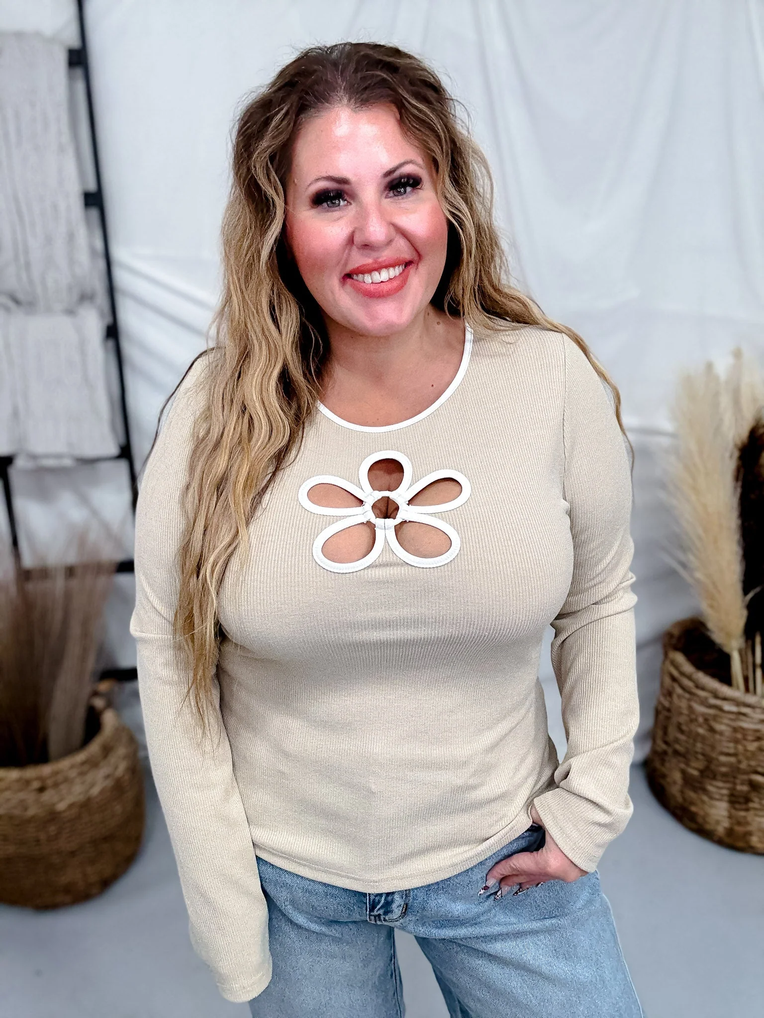 Ribbed Jersey Top With Flower Cutout In Sand FINAL SALE - Image 6