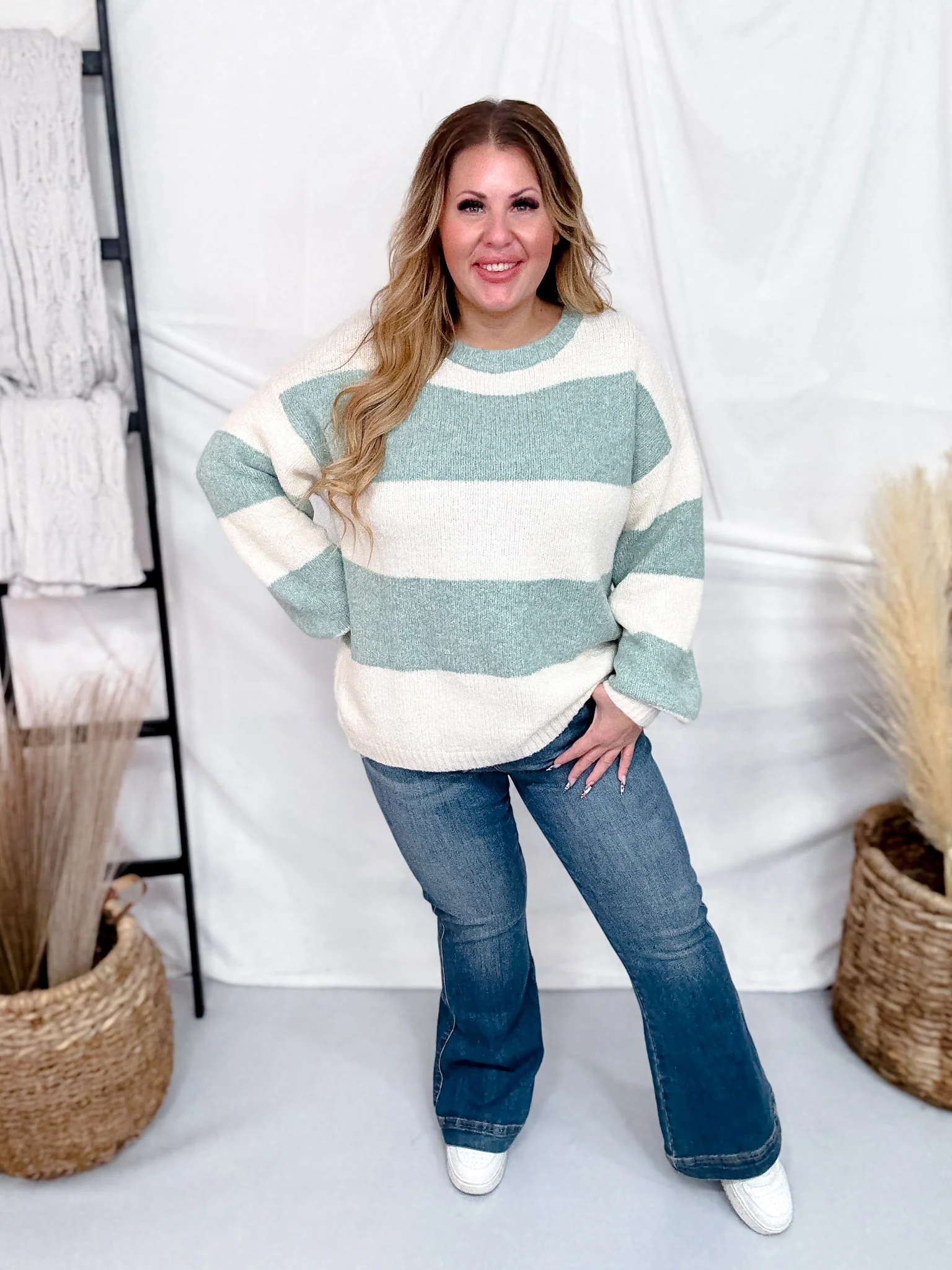 Sage & Cream Striped Soft Knit Long Sleeve Sweater FINAL SALE - Image 4