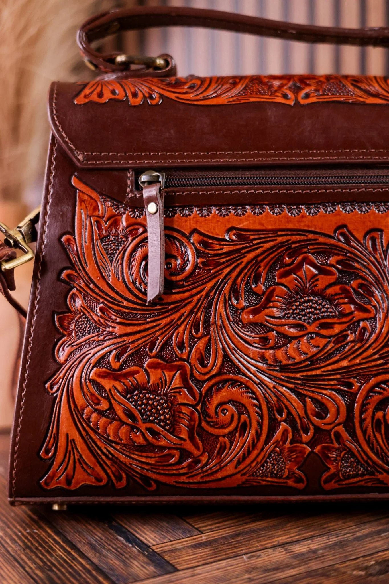 Savannah Scroll Embossed Dark Brown Leather Sling Bag - Image 5
