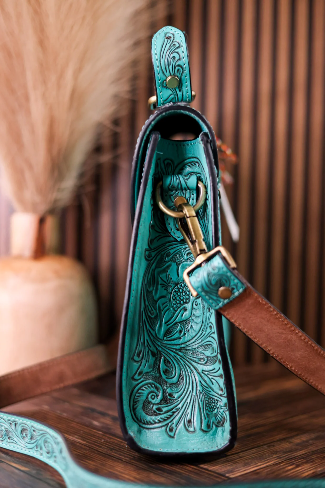 Savannah Scroll Embossed Turquoise Leather Sling Bag - Image 2