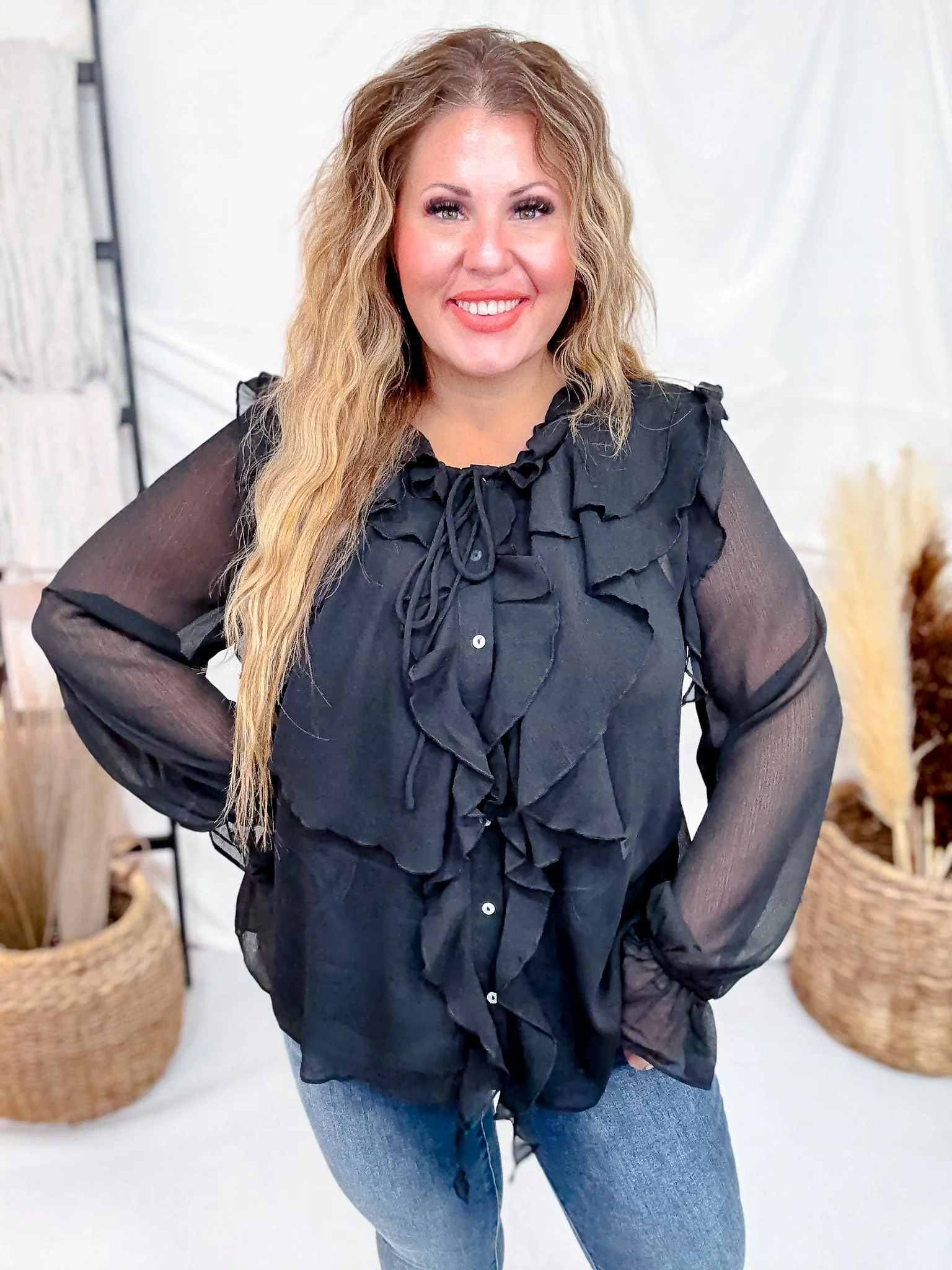 Sheer Chiffon Black Blouse W/ Cascading Ruffle Trim FINAL SALE - Image 10