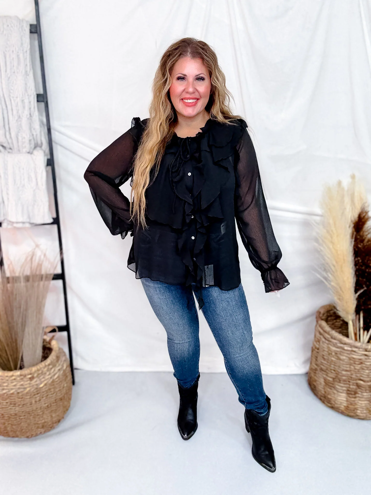 Sheer Chiffon Black Blouse W/ Cascading Ruffle Trim FINAL SALE - Image 3