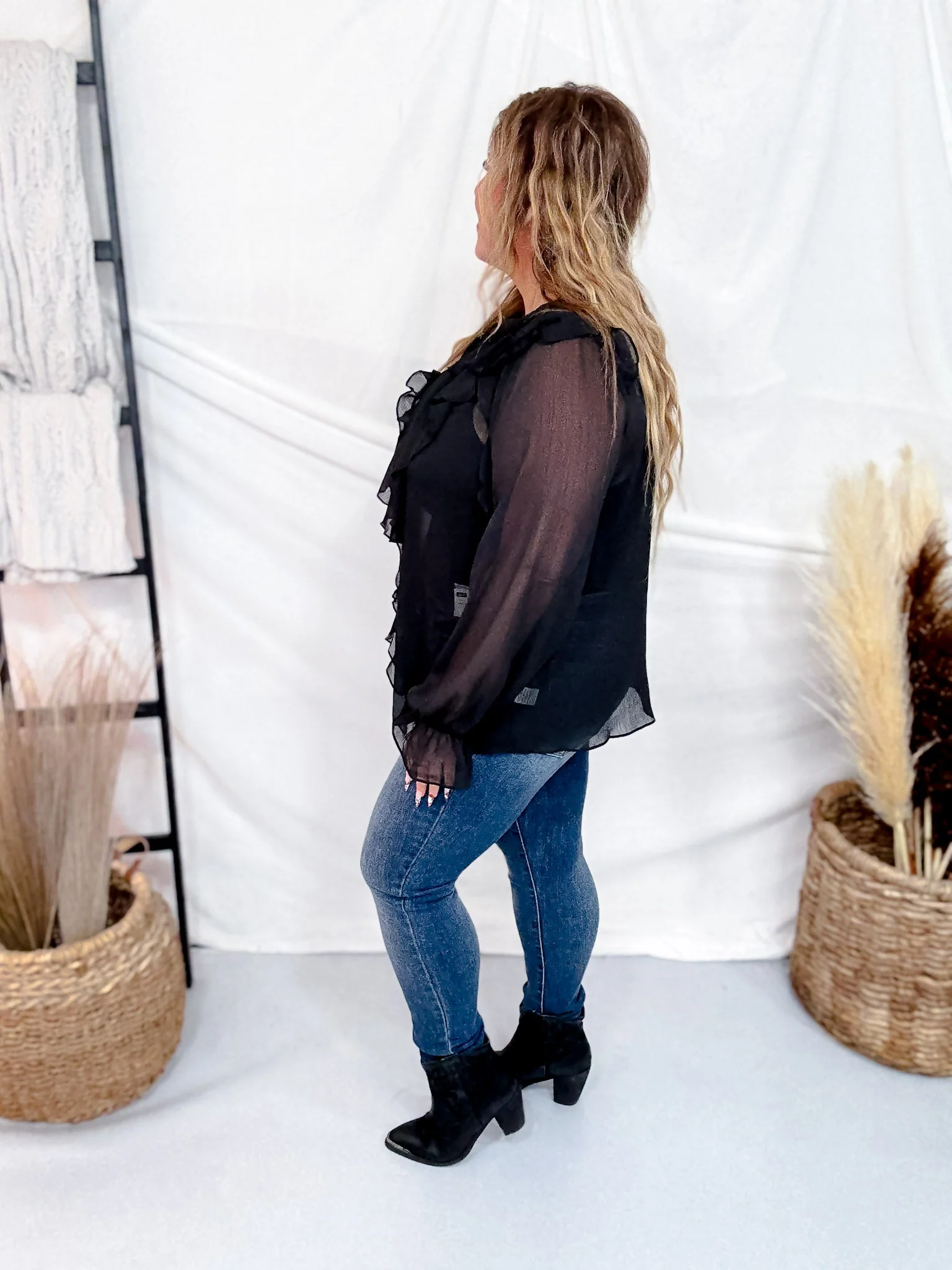 Sheer Chiffon Black Blouse W/ Cascading Ruffle Trim FINAL SALE - Image 4