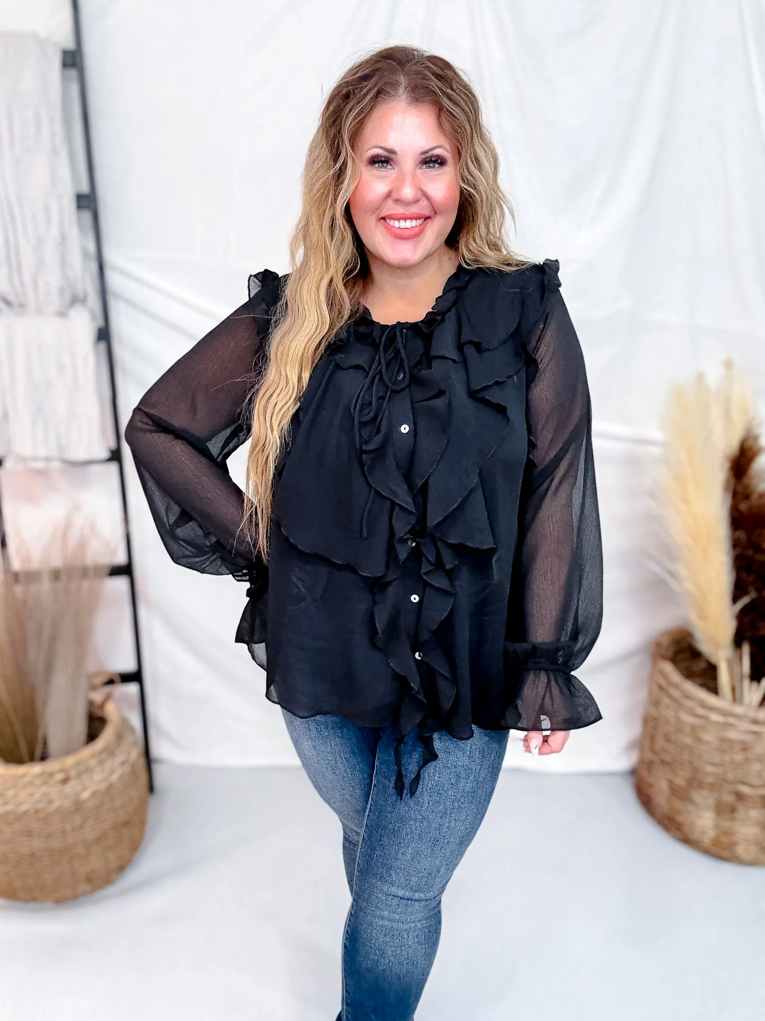 Sheer Chiffon Black Blouse W/ Cascading Ruffle Trim FINAL SALE - Image 6