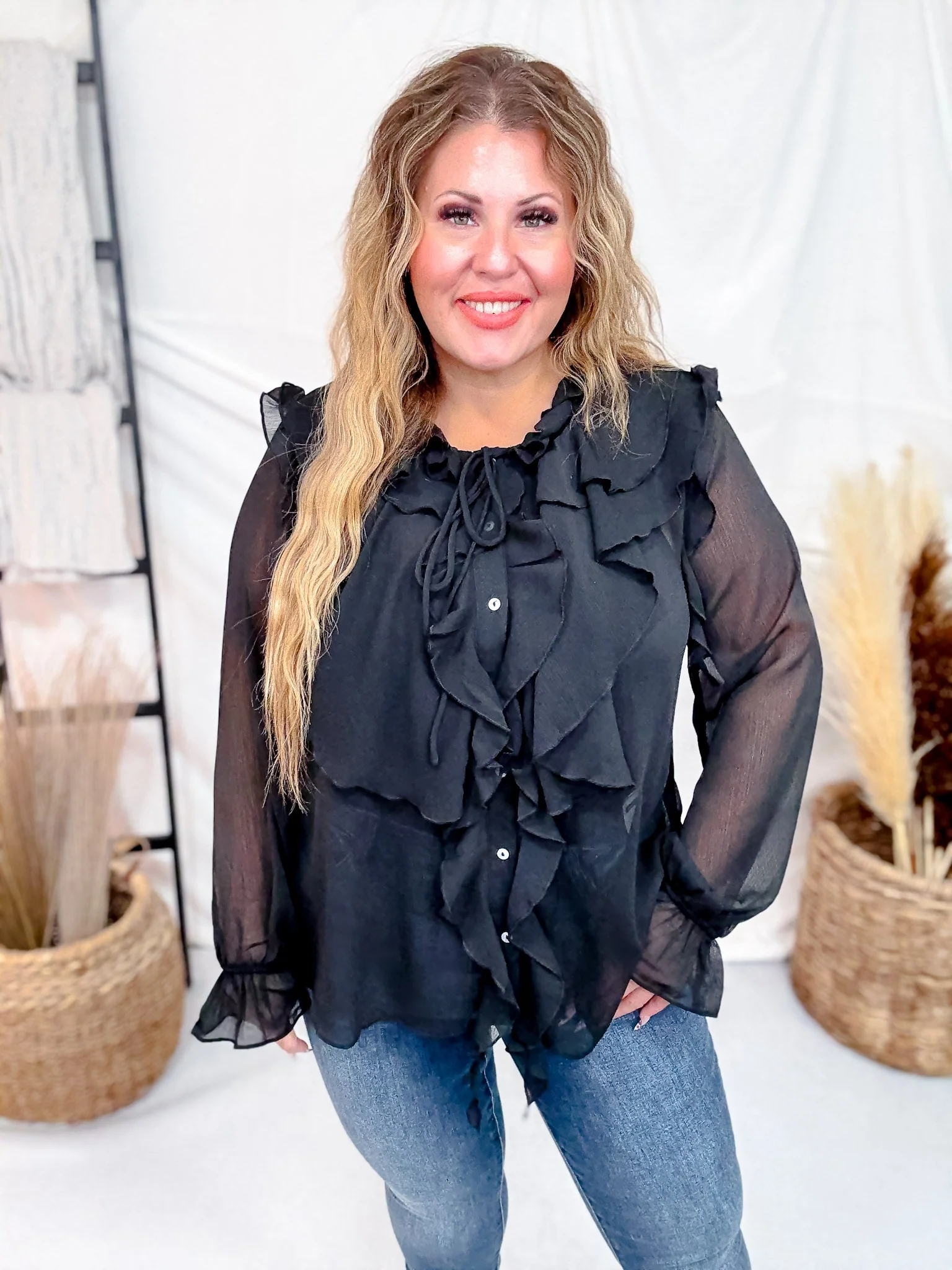 Sheer Chiffon Black Blouse W/ Cascading Ruffle Trim FINAL SALE - Image 7