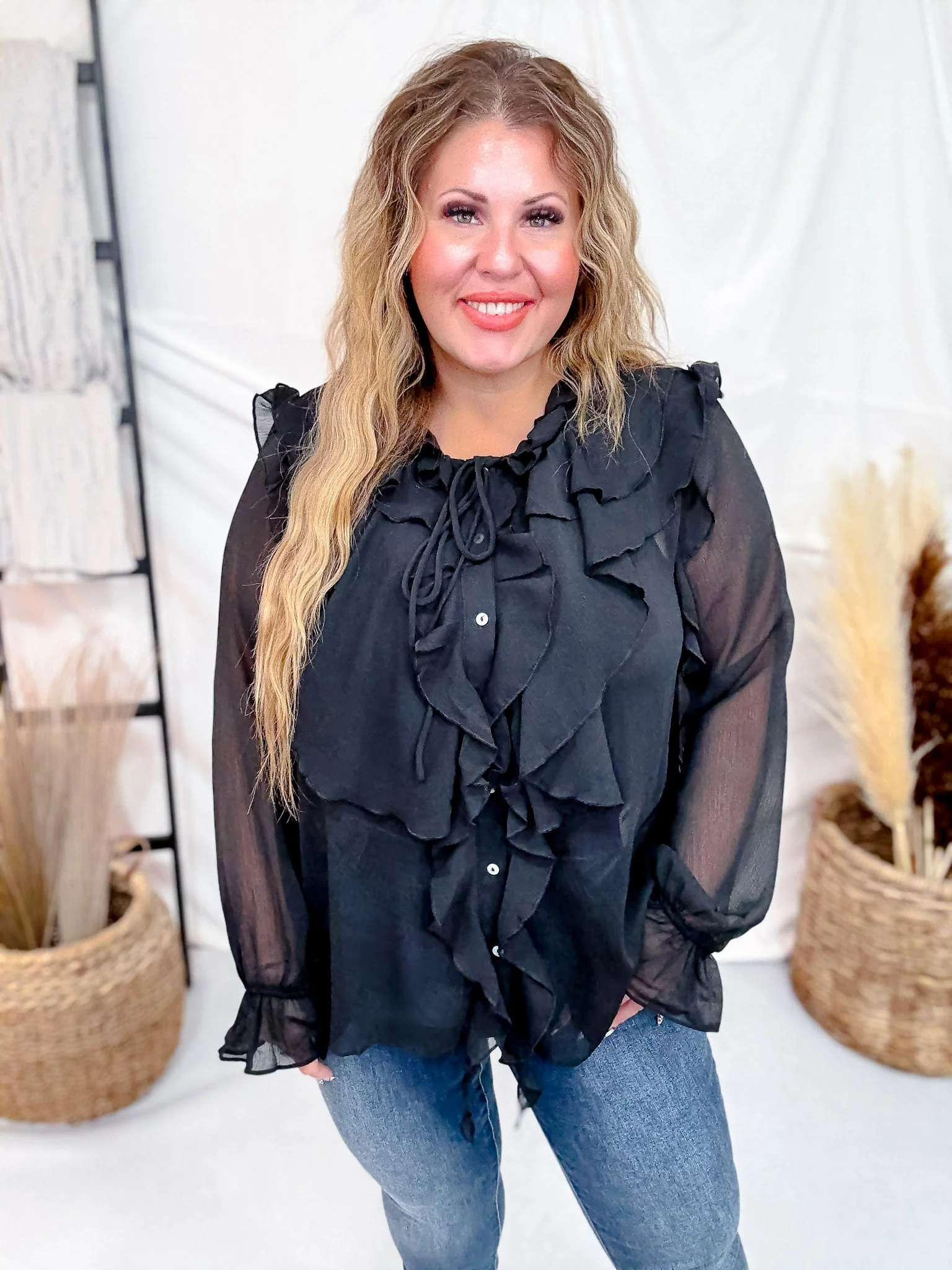 Sheer Chiffon Black Blouse W/ Cascading Ruffle Trim FINAL SALE - Image 8