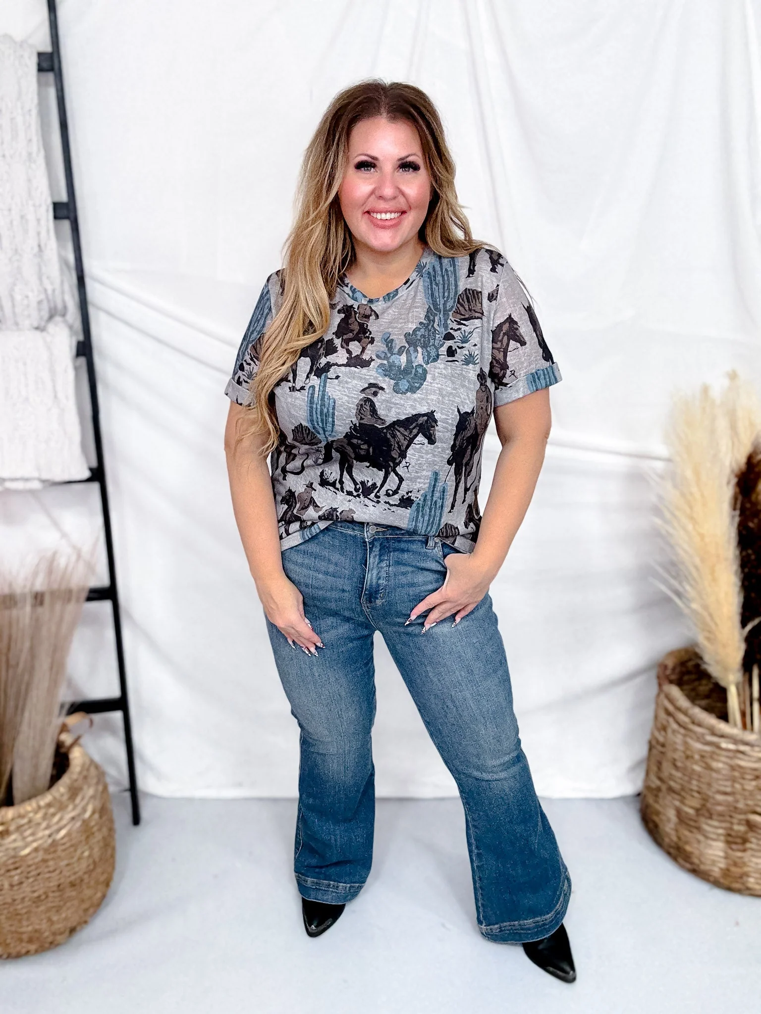 Short Rolled Sleeve Western Print Tunic Top FINAL SALE - Image 4