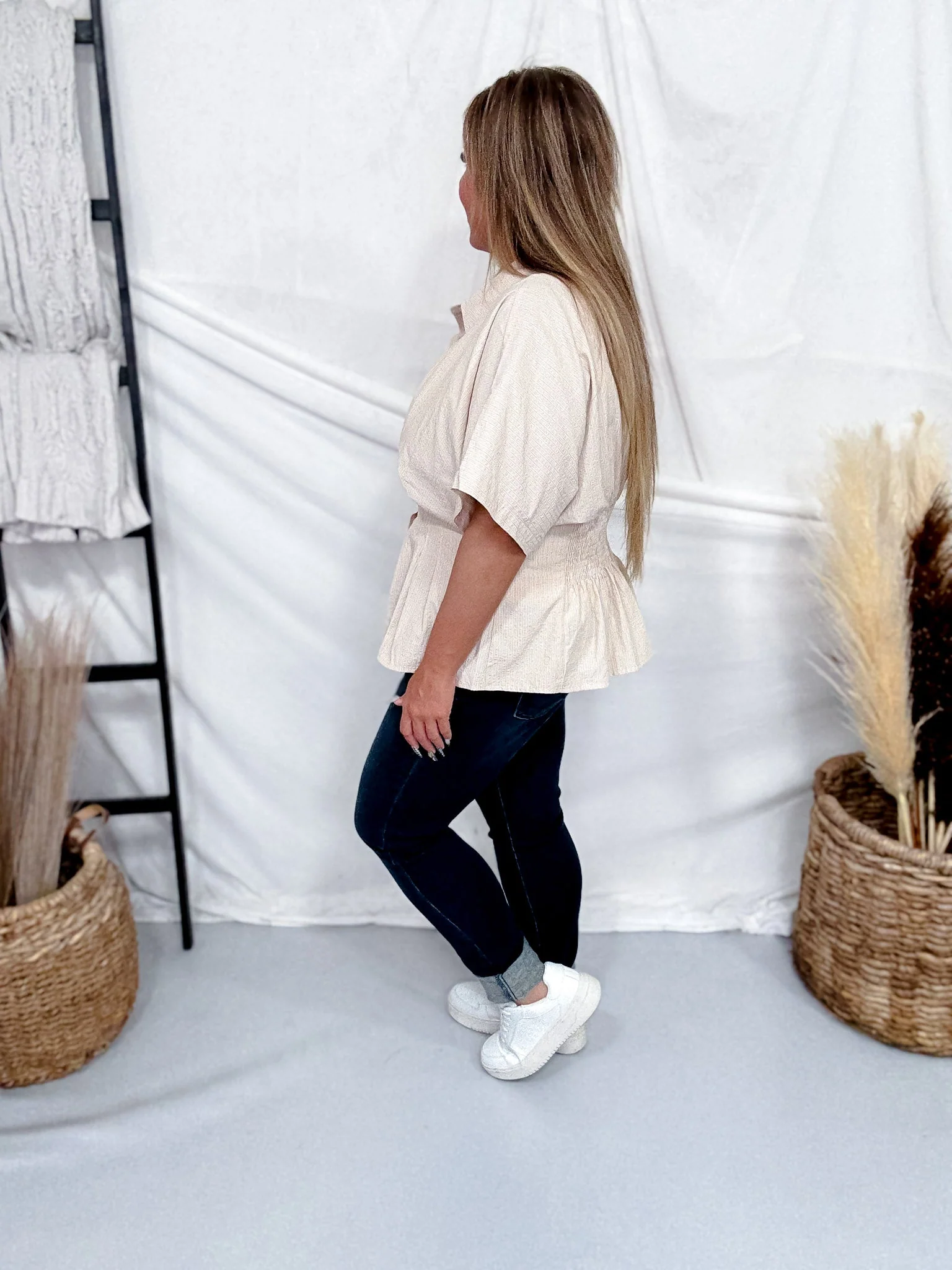 Short Sleeve Button Down Peplum Top In Ecru - Image 5