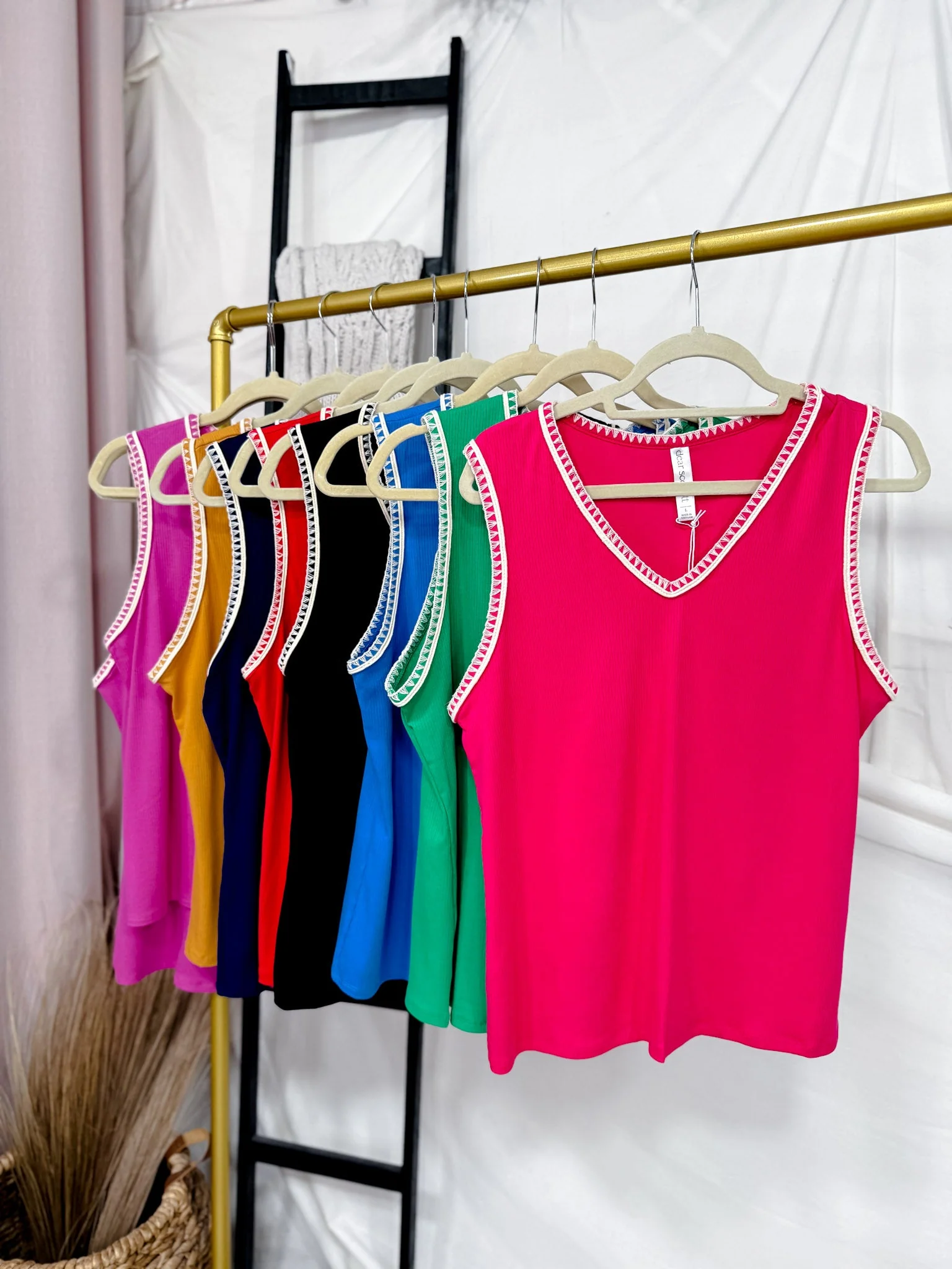 Solid Whisper V-Neck Tank Top W/ Embroidered Neckline & Sleeves (8 Colors) FINAL SALE - Image 2
