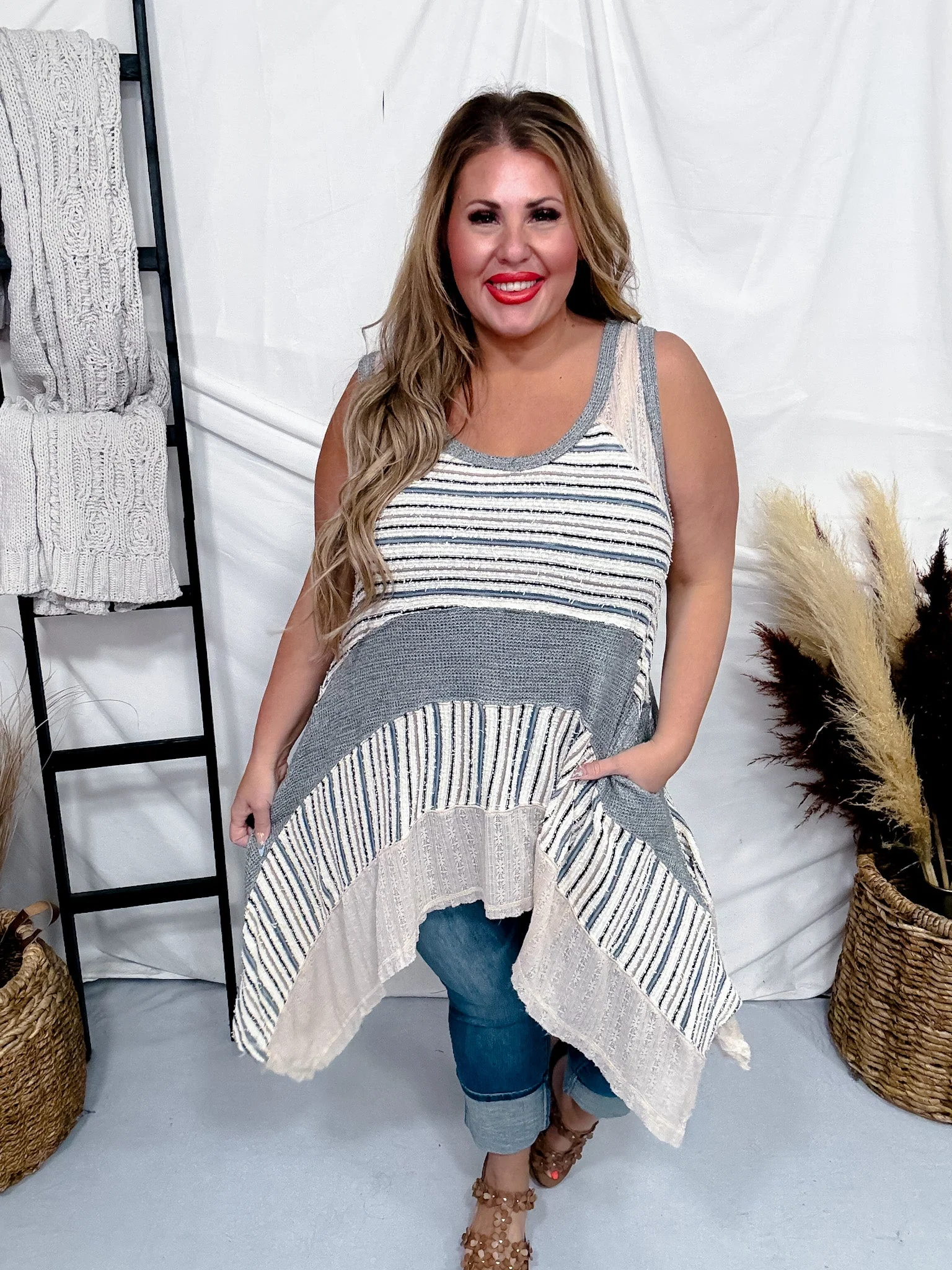 Striped Oversized Tank Top with Sharkbite Hem in Gray FINAL SALE - Image 4
