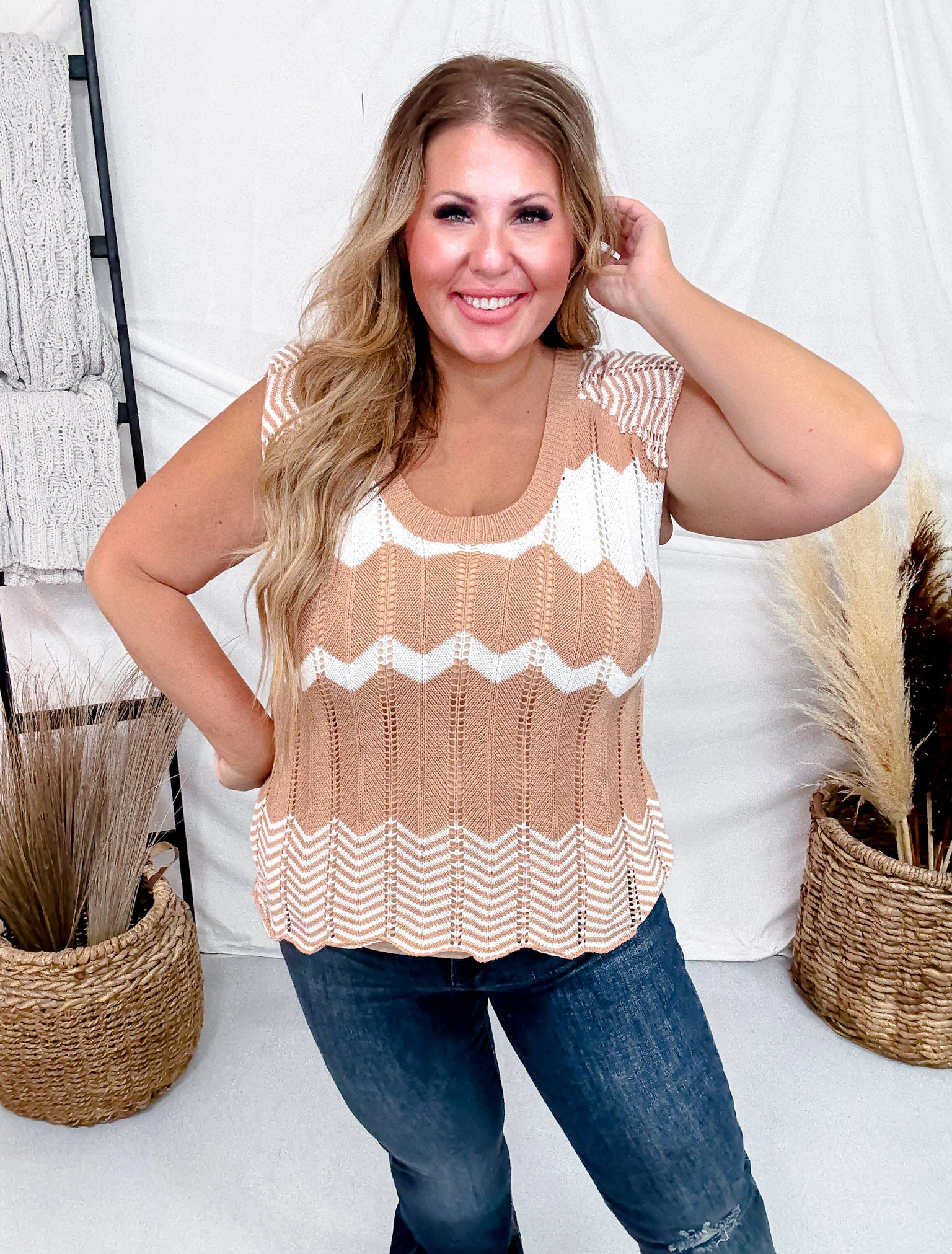Tan And Cream Textured Knit Sleeveless Top FINAL SALE - Image 9