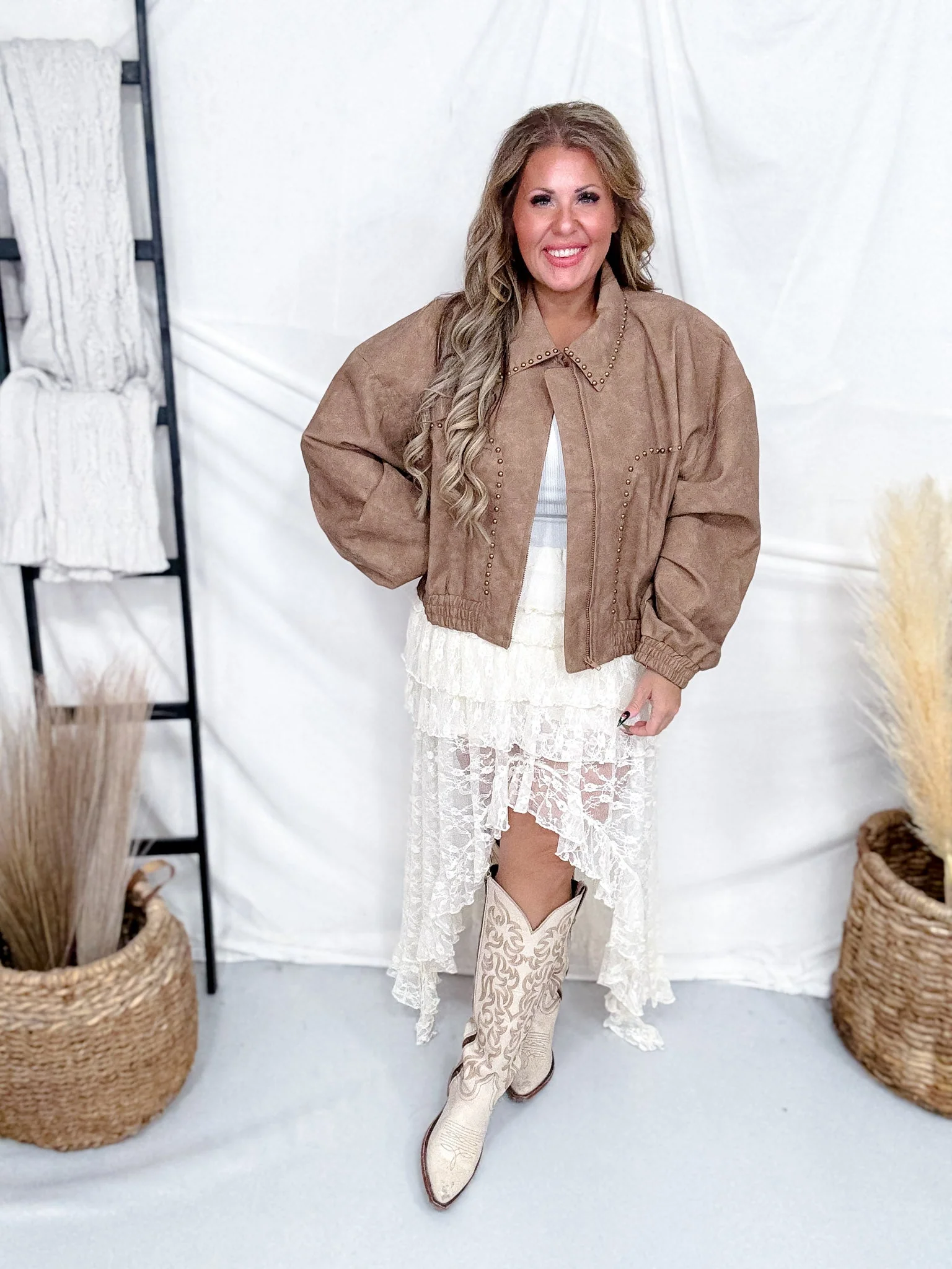 Tan Cropped Faux Leather Jacket With Studs FINAL SALE - Image 5