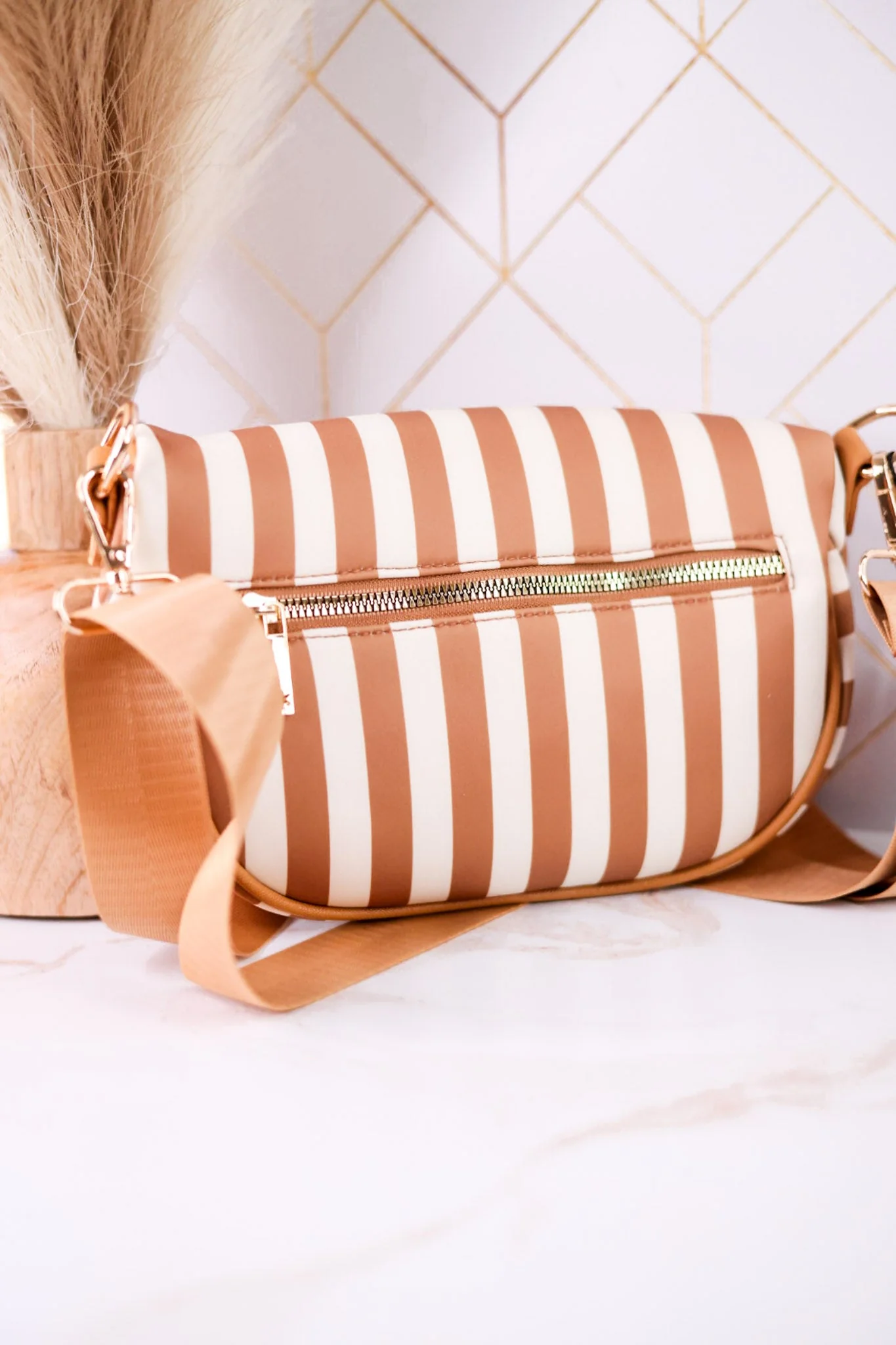 Tan & White Striped Day Pack Purse - Image 5