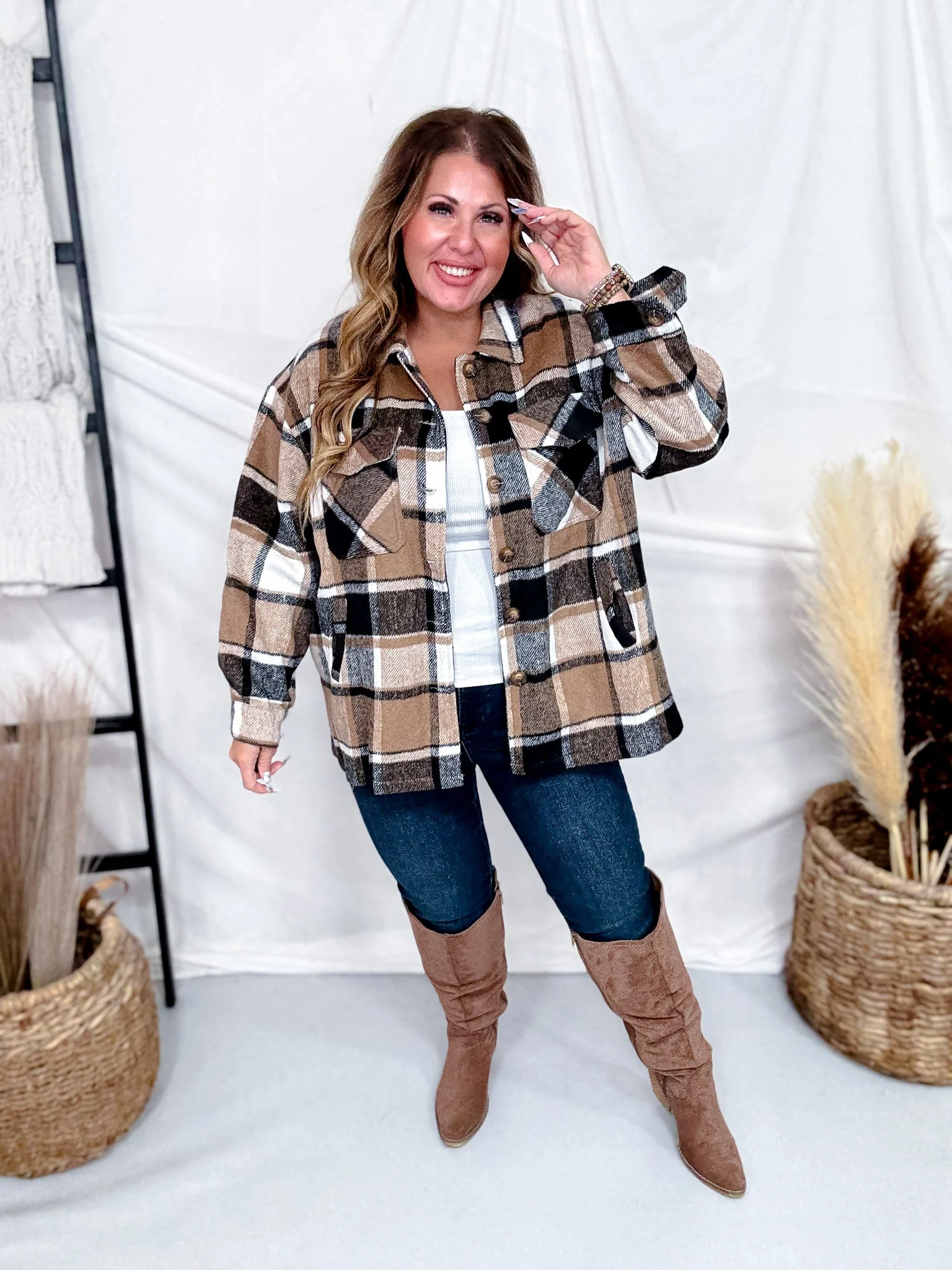 Taupe Cozy Plaid Button Down Flannel Shacket - Image 6