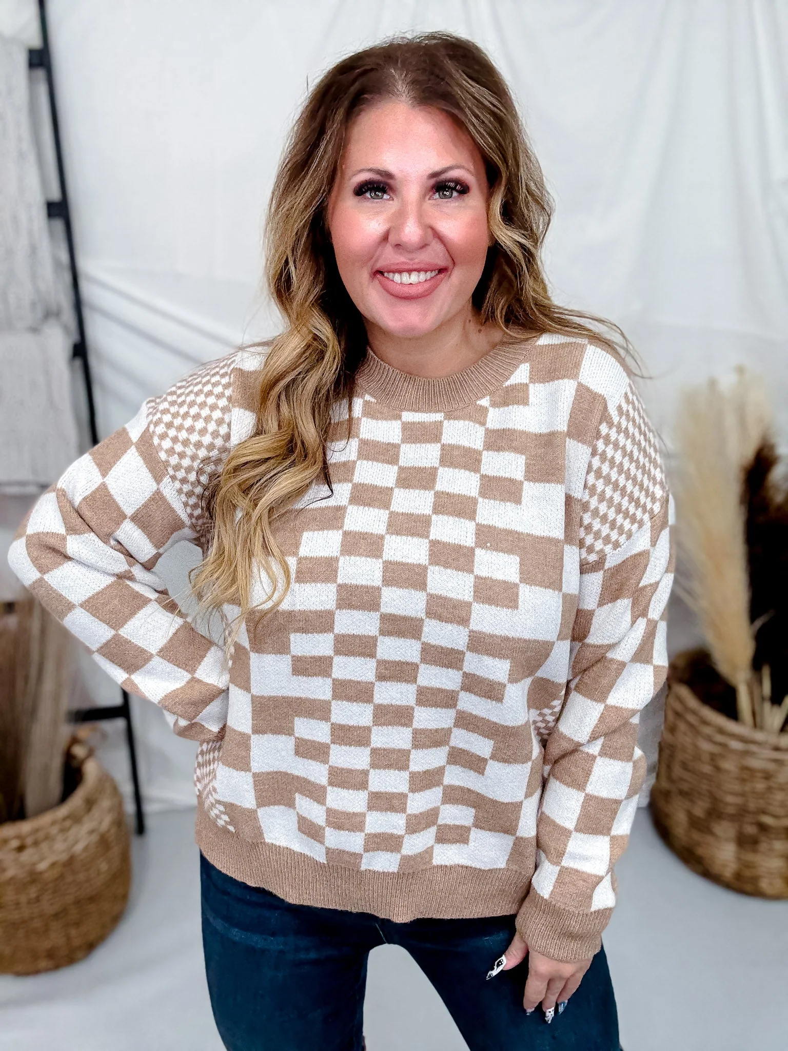 Taupe & Cream Chic Checkered Casual Pullover Sweater FINAL SALE - Image 5