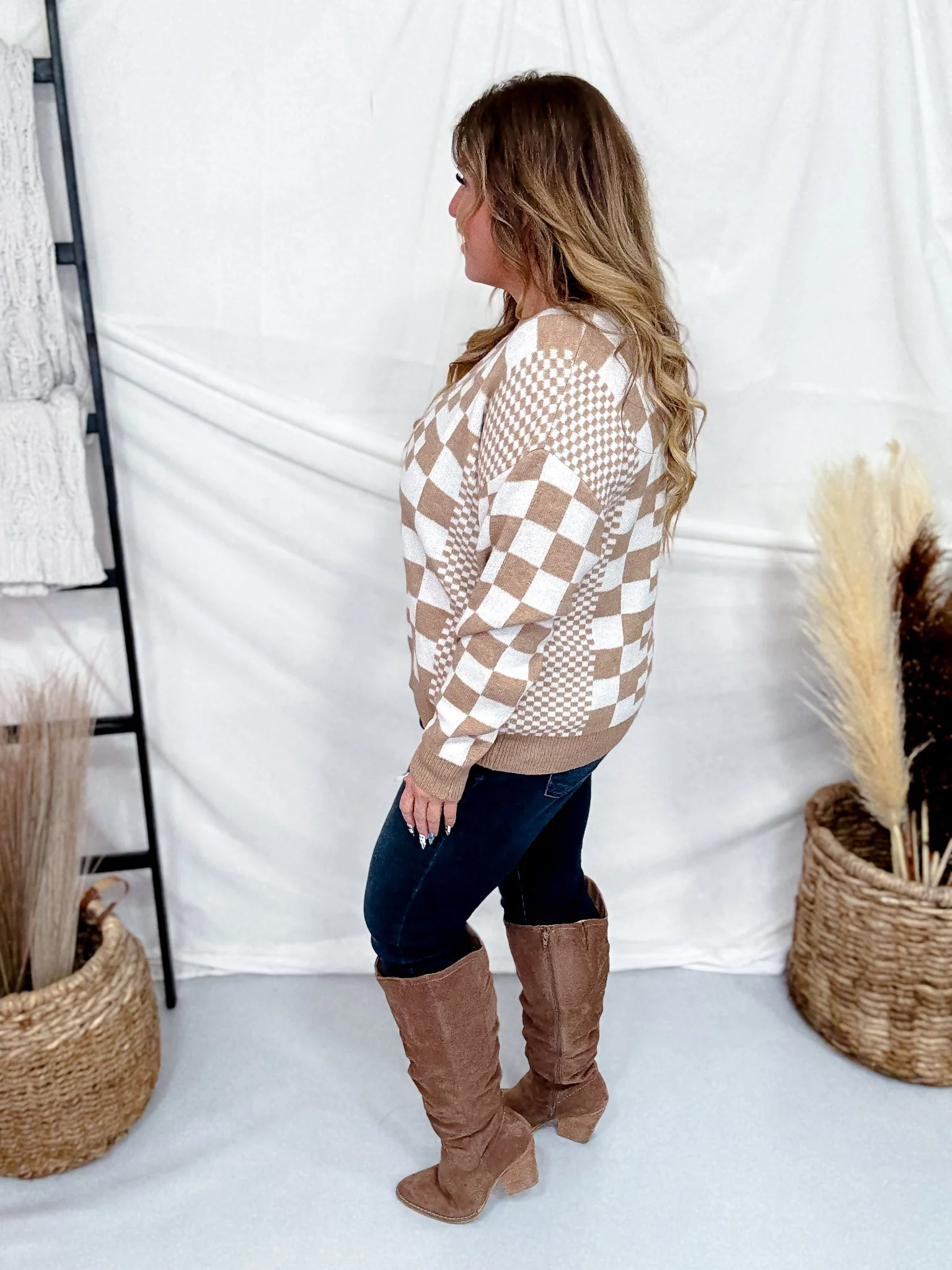 Taupe & Cream Chic Checkered Casual Pullover Sweater FINAL SALE - Image 6