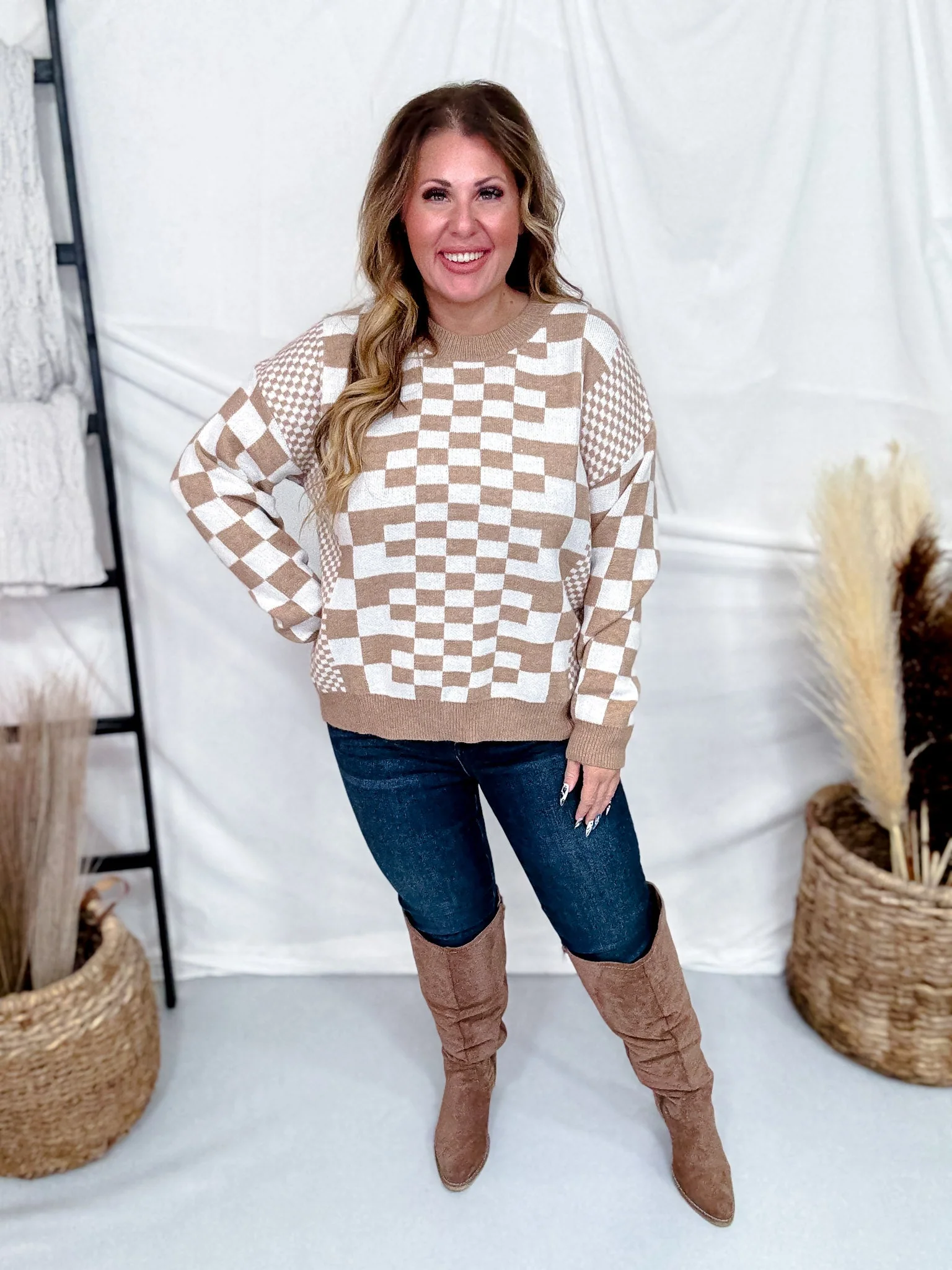 Taupe & Cream Chic Checkered Casual Pullover Sweater FINAL SALE - Image 8